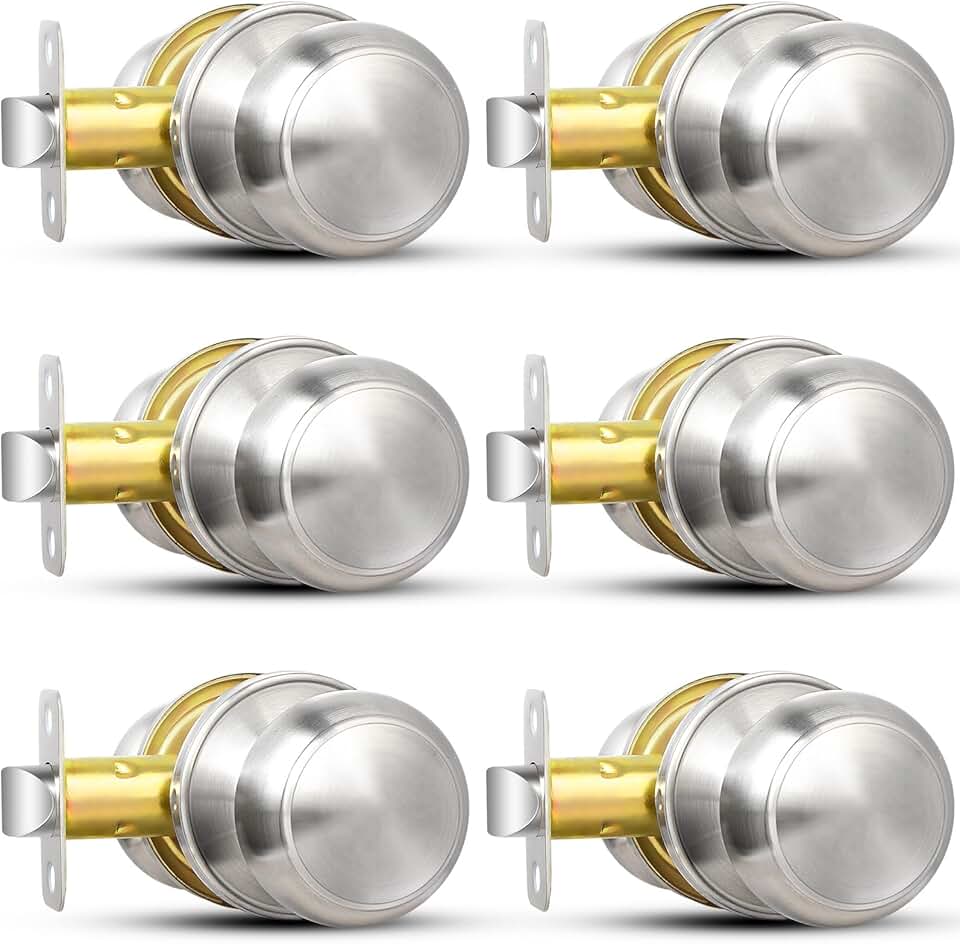 Sopoby Brushed Nickel Door Knob, 6 Pack Round Keyless Doorknobs Interior/Exterior Lockset, Passage Locking Door Knobs for Bedroom/Bathroom, Modern Design Door Hardware