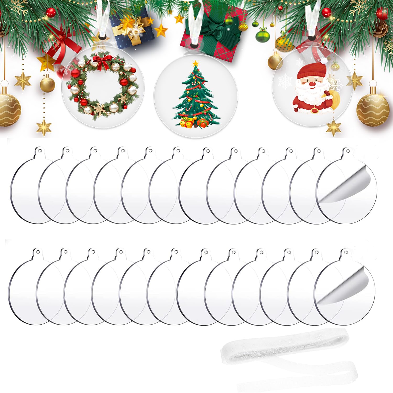 24Pcs Acrylic Clear Christmas Ornament,3 Inch Blank Acrylic Christmas Ornaments for Craft Clear Round Disc Ornaments Blanks with Hole for Christmas Decor DIY Family Kids Crafts