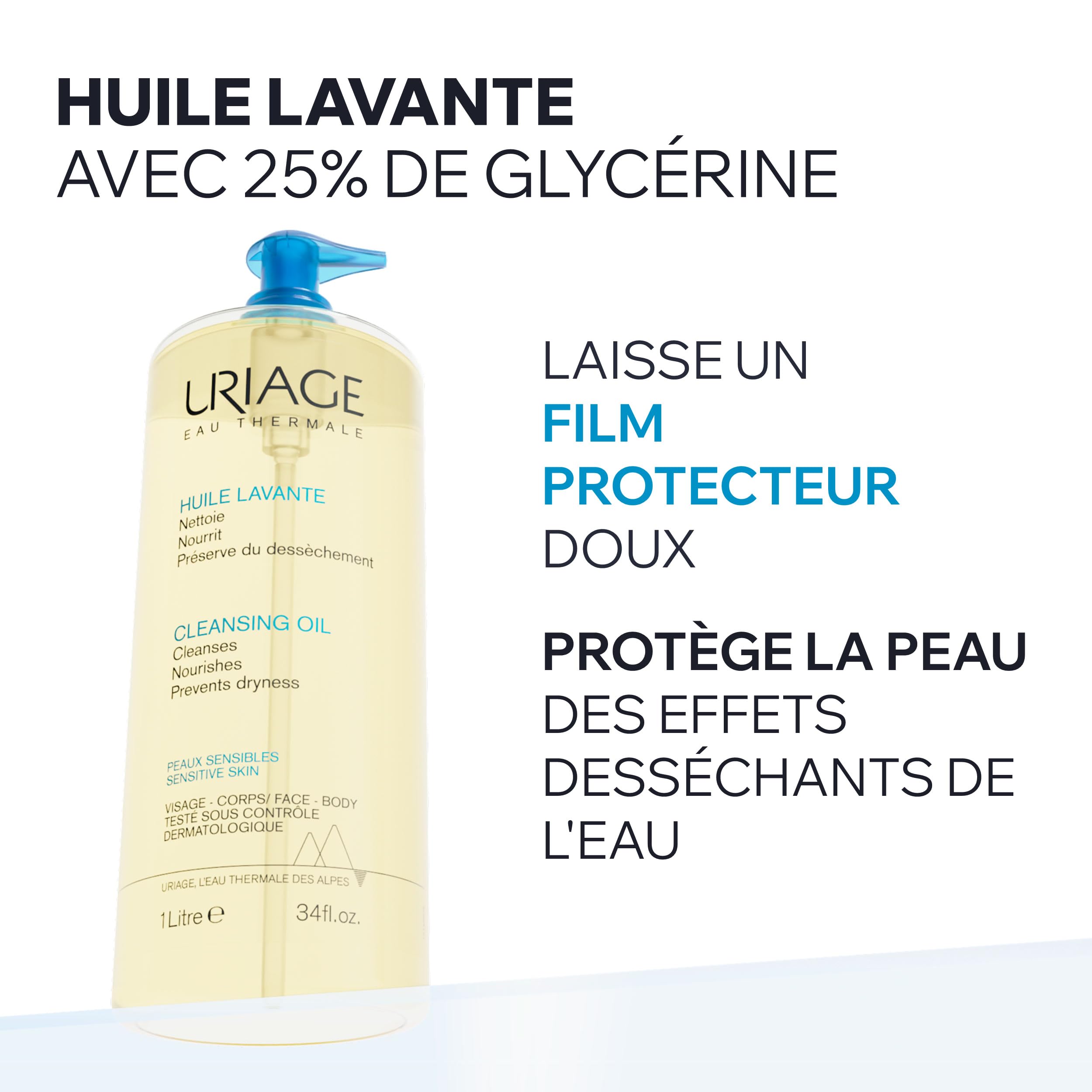 Uriage Huile de Douche 50ml - Nettoyant Visage et Corps - Peaux Sèches et Sensibles - Nettoie, Nourrit, Prévient le Dessèchement - 25% de Glycérine, Agents Extra-Riches - pH Physiologique - Sans Savon