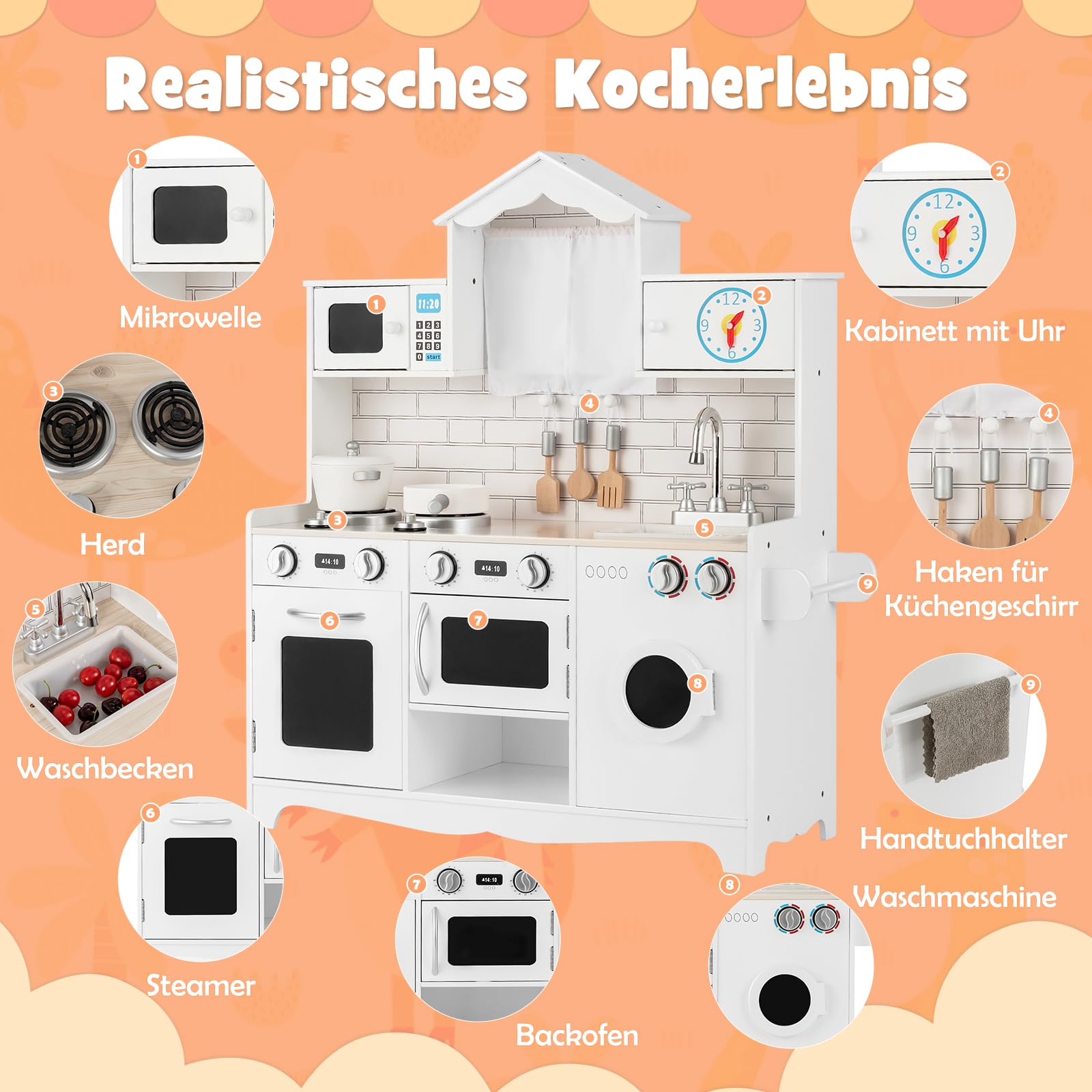 DREAMADE Kinderküche aus Holz, Spielküche mit Spielzubehör, Kinderspielküche mit Spüle Herd Backofen Mikrowelle Waschmaschine, Holzküche Spielzeugküche für Kinder ab 3 Jahren, 78 x 29 x 93 cm