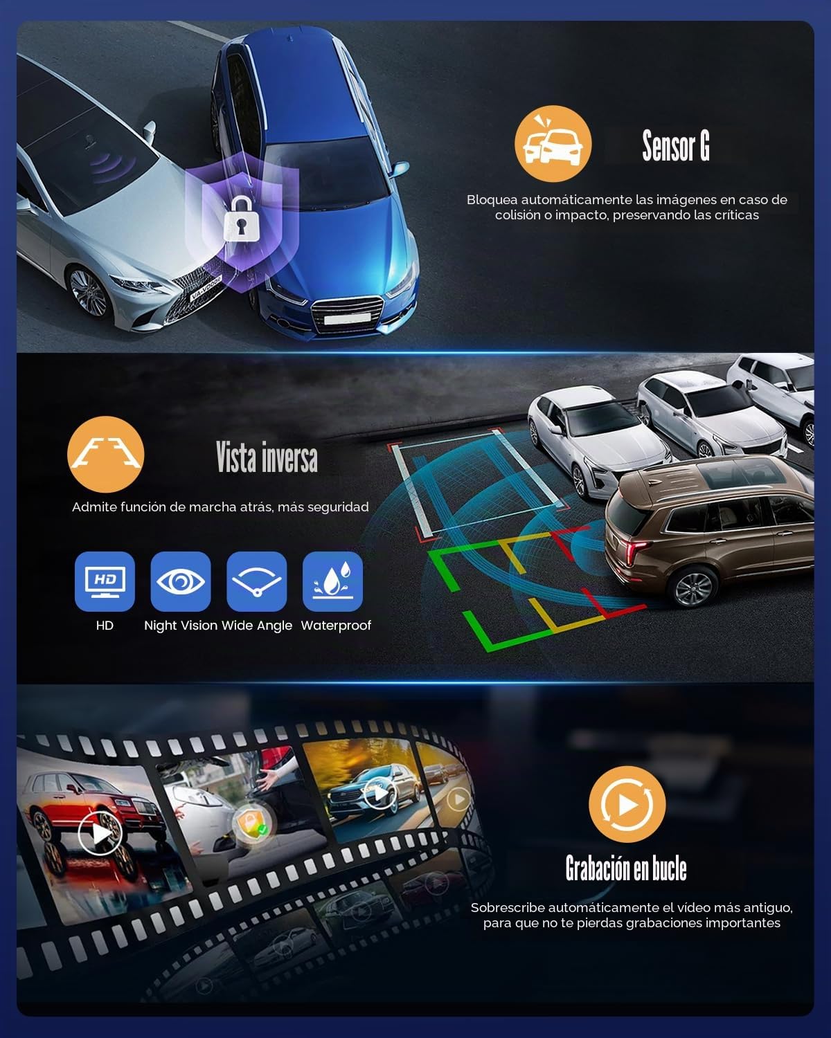 Cámara Retrovisora 4K con WiFi, Cámara para Salpicadero Delantera y Trasera con WDR, Pantalla Táctil de 9,7", Cámara de Marcha Atrás, Asistente de Marcha Atrás, ADAS, Incluye Tarjeta de 64 GB y GPS