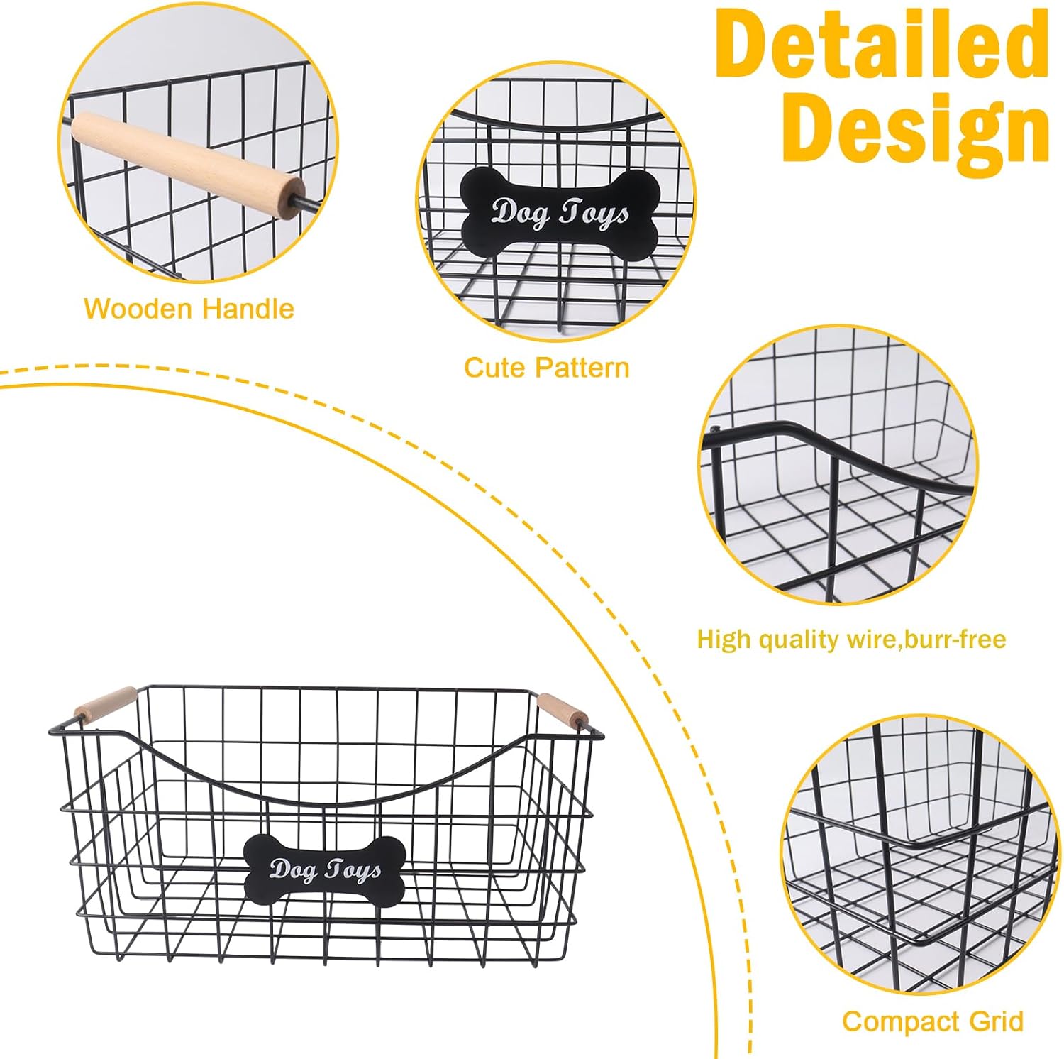 Metal Dog Toy Basket,Indestructible Dogs Toys Bin with Wooden Handle,Sturdy Pet Storage Organizer,Ideal for Leash,Blanket,Snacks-14 (L) x 9.4 (W) x 6.6 (H) inches