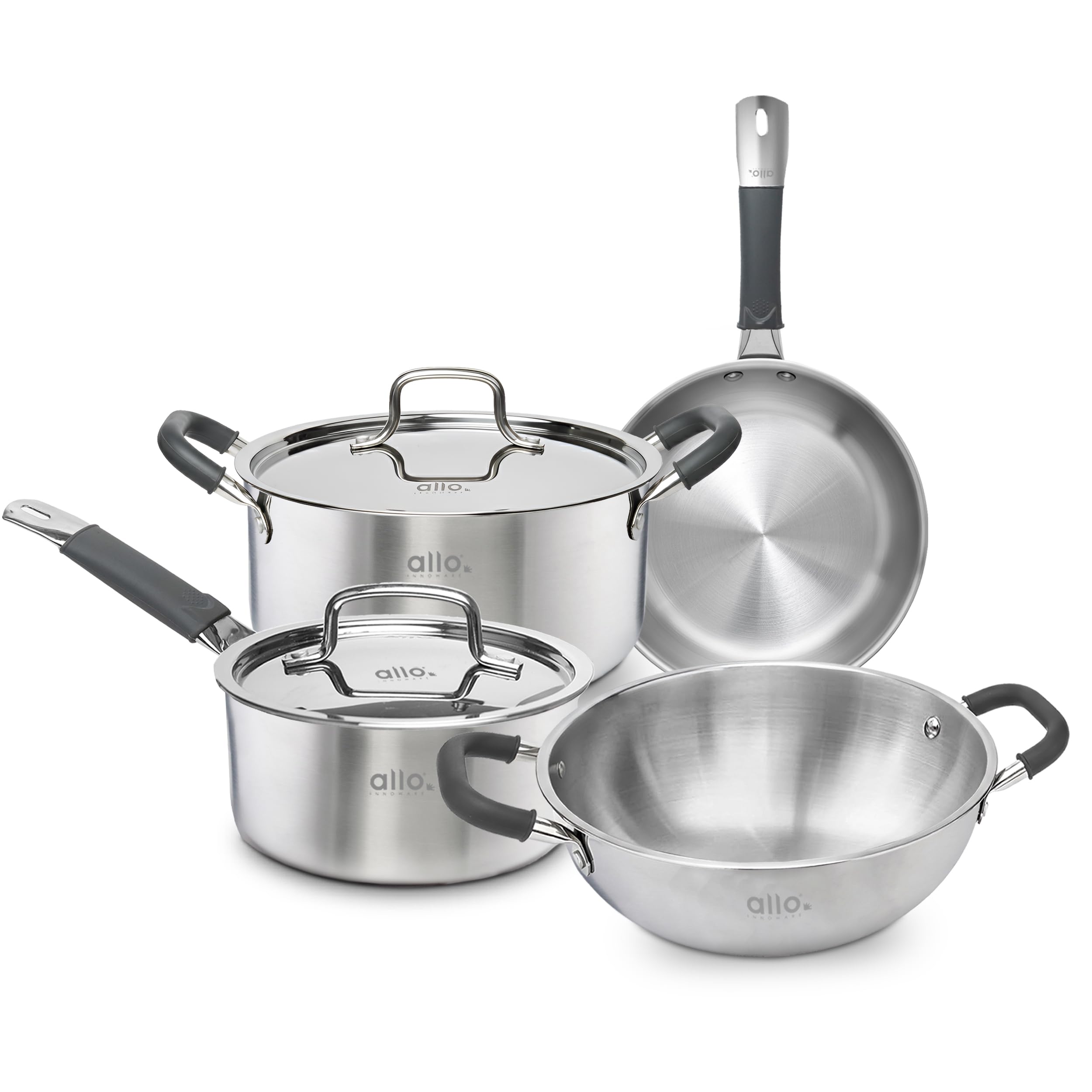 Stainless Steel Triply Cookware Set | Kadai (20 Cm/1.5 L)+ Fry Pan (20 Cm/1 L)+ Saucepot (20 Cm/3.2 L)+ Saucepan (14 Cm/1 L) | Cooking Combo Stir-Deep-Fry/Induction Friendly Set of 8 | Nonstick