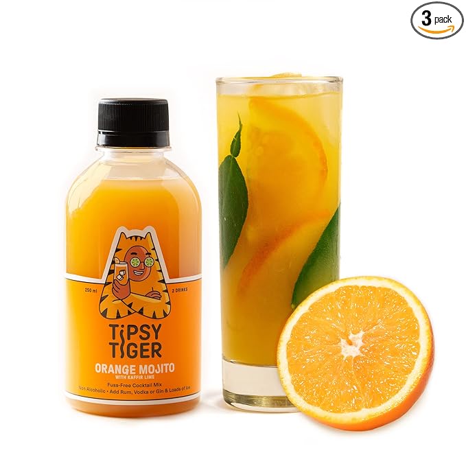 Tipsy Tiger Orange Kaffir Lime Mojito, Vodka, Rum, Gin Cocktail Mixer, Makes 6 Drinks, Less Than 3% added Sugar, 250ml (Pack of 3 bottles , Coaster & eco-friendly bamboo stirrers), Fuss Free- Just add Ice and Alcohol