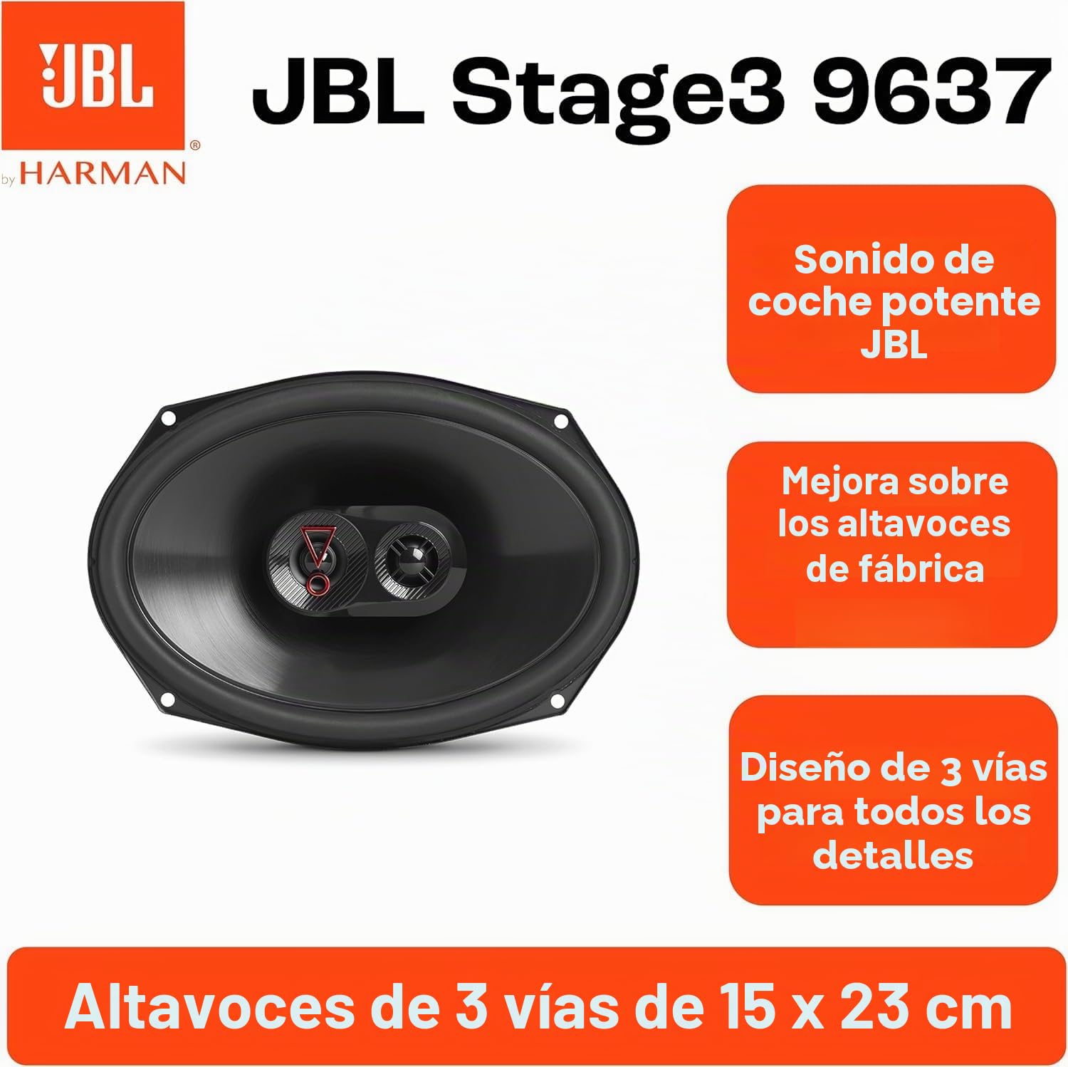 JBL Stage3 9637 Juego de altavoces para coche de 3 vías de Harman Kardon - Altavoces para coche de 375 vatios - Caja ovalada JBL grande 152 mm x 230 mm (6" x 9"), negro