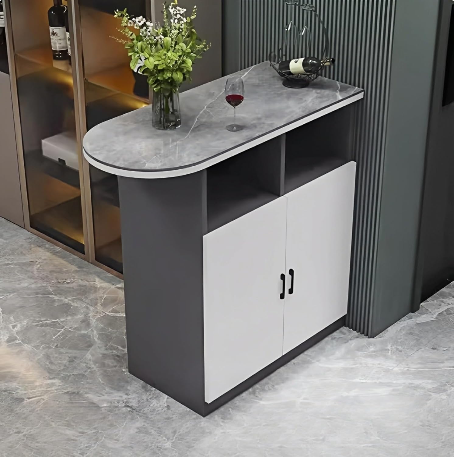 Storage Trolley Bar Cabinet & Kitchen Storage Island with Sintered Stone Top Shelving Organizer(White,Large)