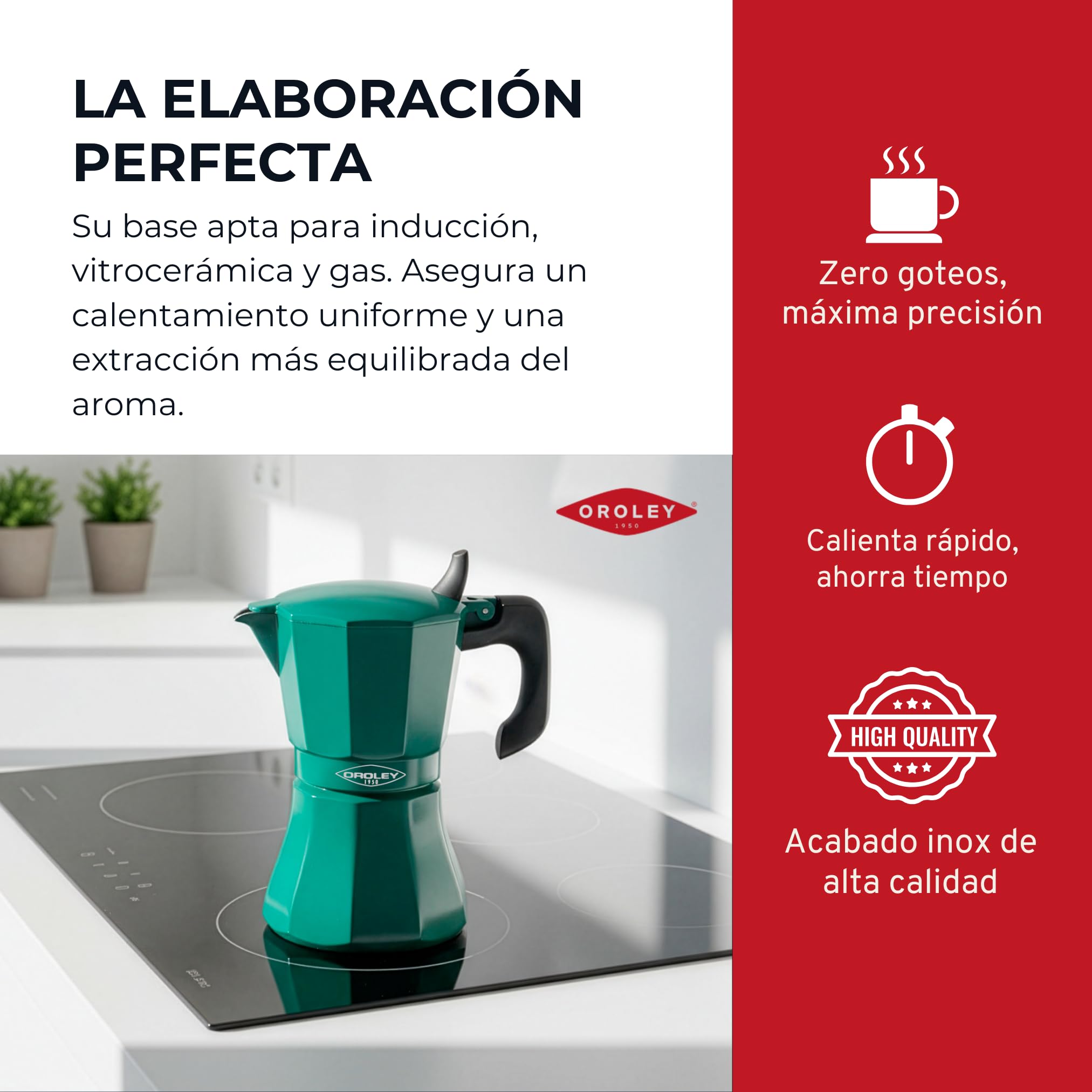 Oroley Petra Italienische Kaffeemaschine für 9 Tassen | Edelstahlboden | geeignet für Induktion, Glaskeramik, Feuer und Gas | Traditioneller Stil | Grün