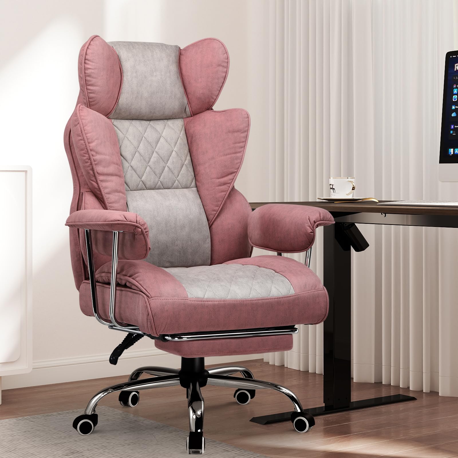 GTPLAYER Sedia da gioco, sedia da ufficio con supporto lombare a molla tascabile, ergonomica e confortevole, ampia poltrona da ufficio con braccioli morbidi e poggiapiedi fissati verso l'esterno, rosa