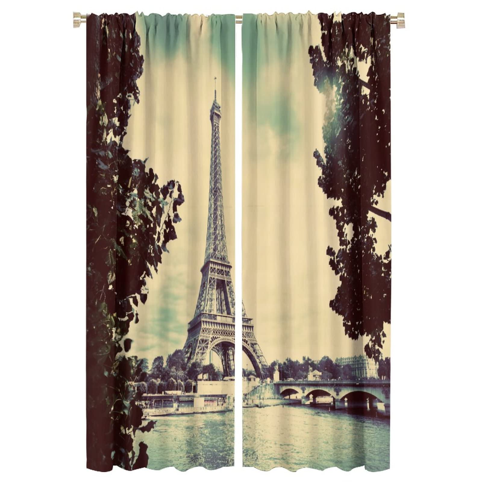 JESTRONRY Paris Eiffel Tower Seine River Blackout Curtains,Vintage France Cityscape Scene Theme Rod Pocket Window Drapes 2 Panel Set for Living Room Bedroom Kitchen Cafe W42xL63in