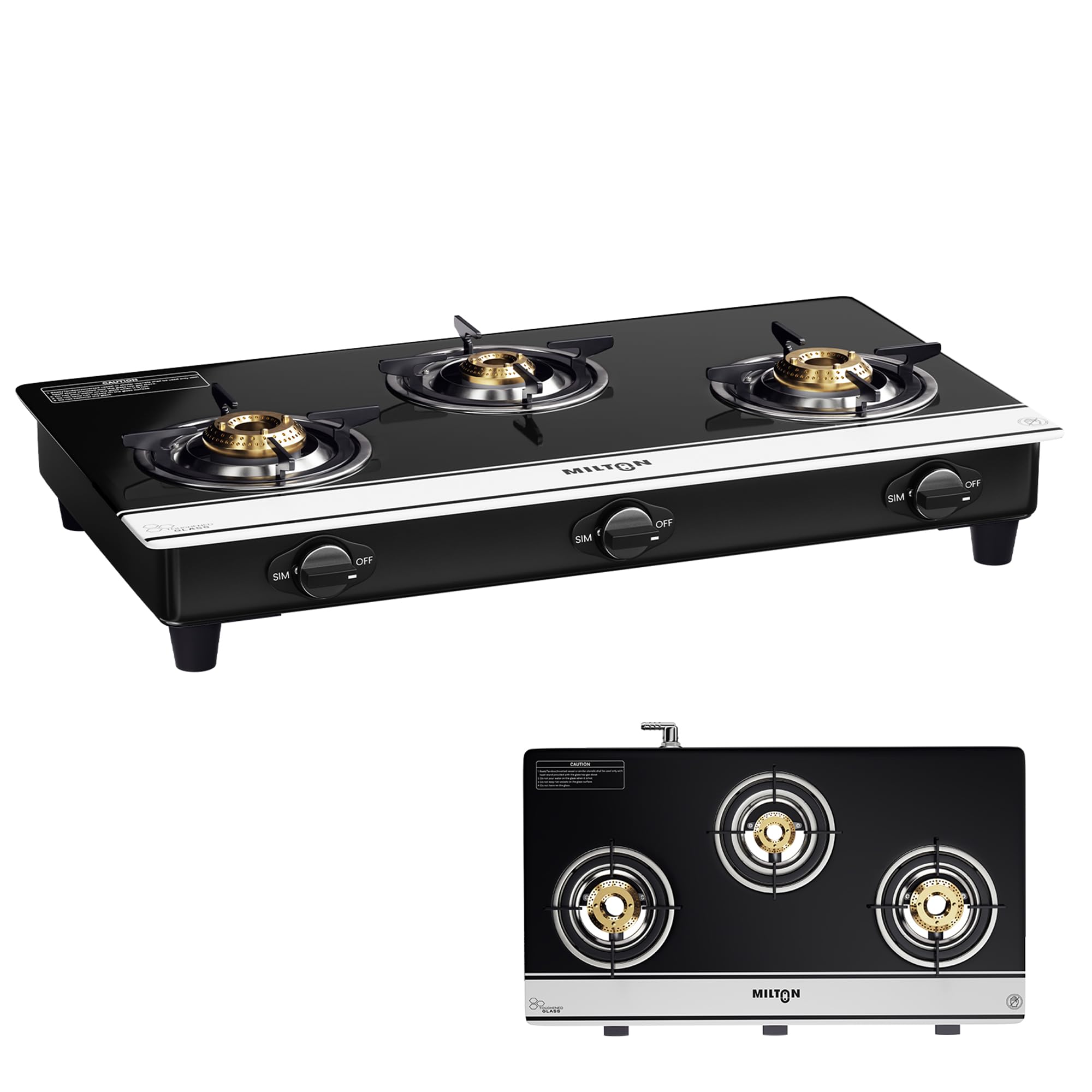 Milton Ignis Pro 3 Burners Auto Ignition Gas Stove | ISI Certified | 6mm Toughened Glass Top | 360 Degree Nozzle | Heavy Pan Support | Pure Brass Burners | 1 Year Manufacturer's Warranty-Black & White-picture-16