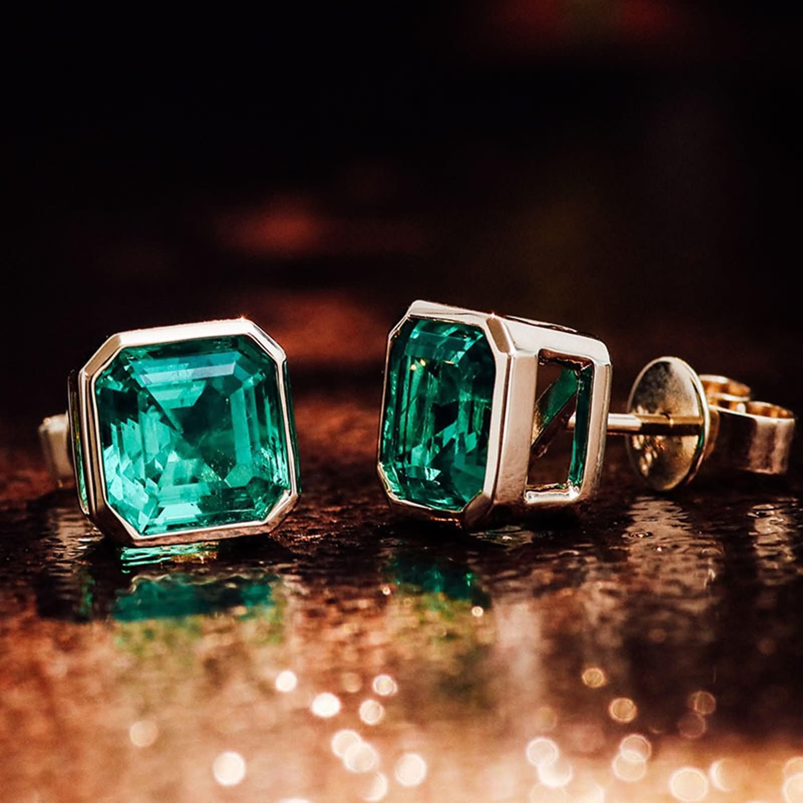 9K / 14K / 18 Karat Gold Ohrringe für Damen, Quadrat mit Erstellter Smaragd, Damen Ohrringe Ohrstecker in Gold Grün