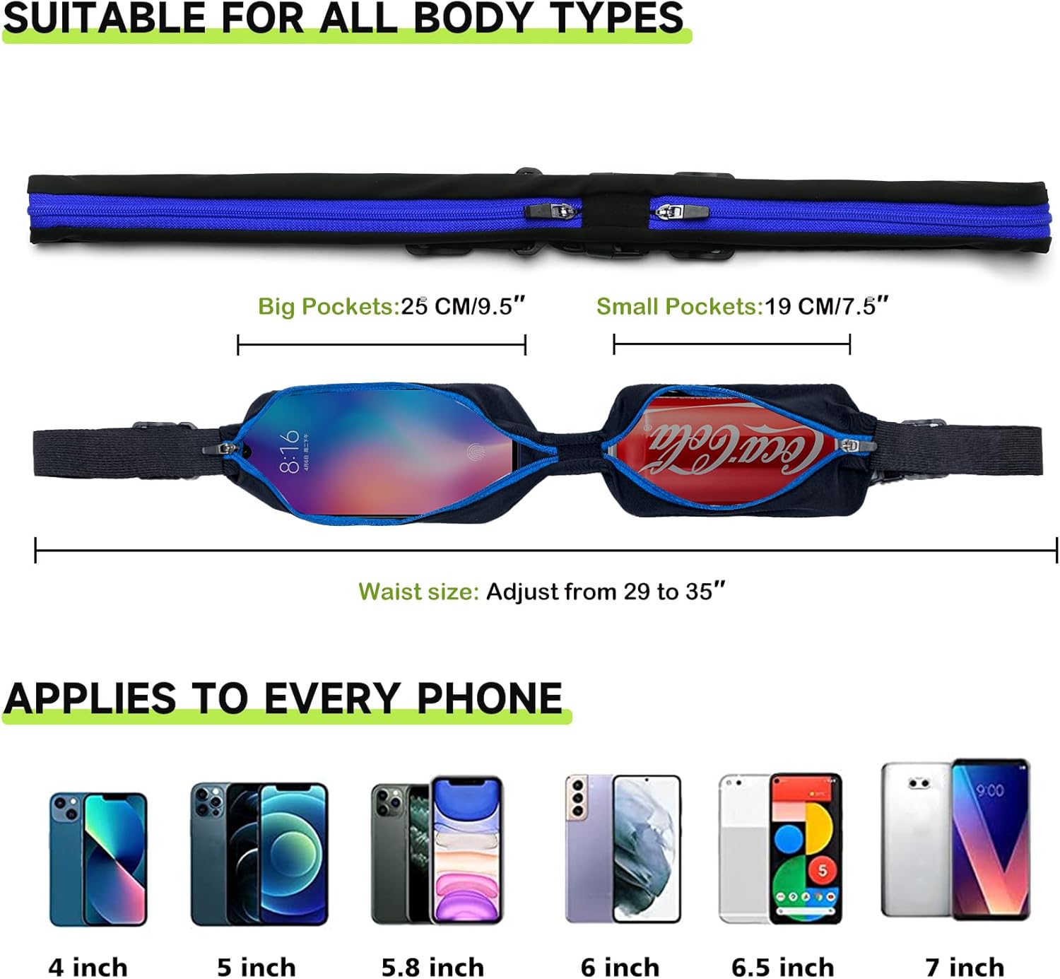 Santic Fanny Packs Running Waist Pack Belt Bag with 2 Zipper Pockets for Jogging Hiking Cycling Workout