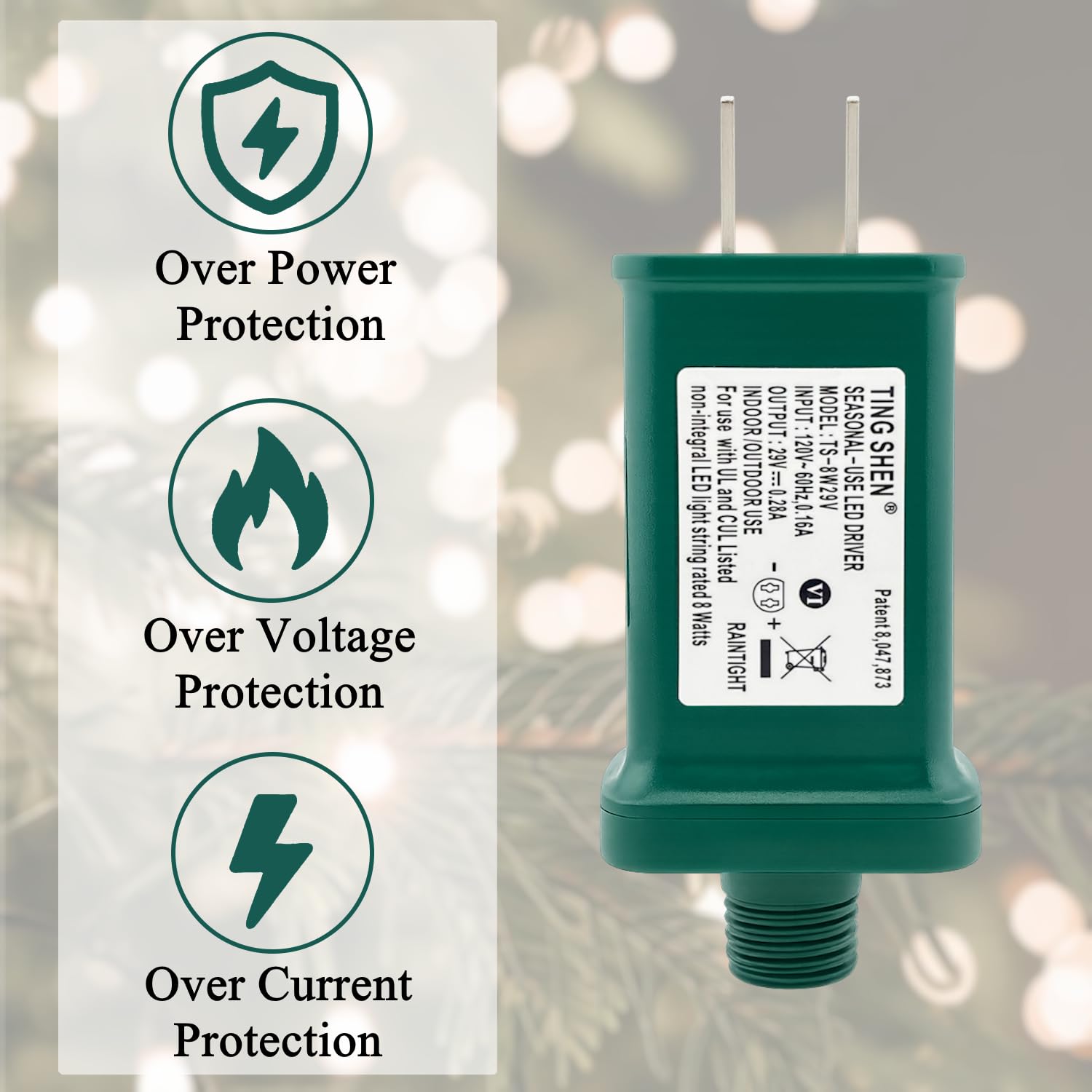 29V 0.28A Power Supply Class 2 Transformer Raintight IP44 US Plug Connector 1/2in 12mm Adapter for LED String Seasonal-Use Light, Holiday Lighting, Christmas X-Mas Tree TS-8W29V (Right Positive)