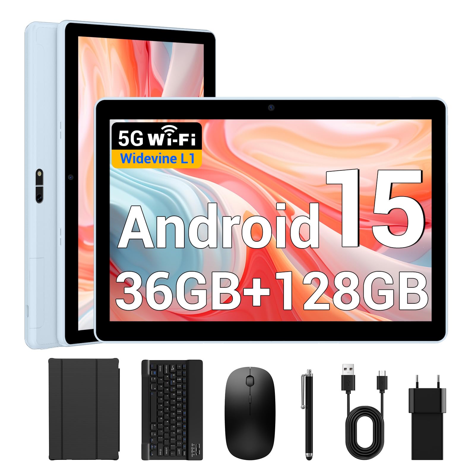 BEYNIVAN Tablet da 10 pollici Android 15 Tablet touch 5G WiFi, 36GB RAM+128GB ROM,8000mAh,BT5, Tablet con tastiera staccabile, blu