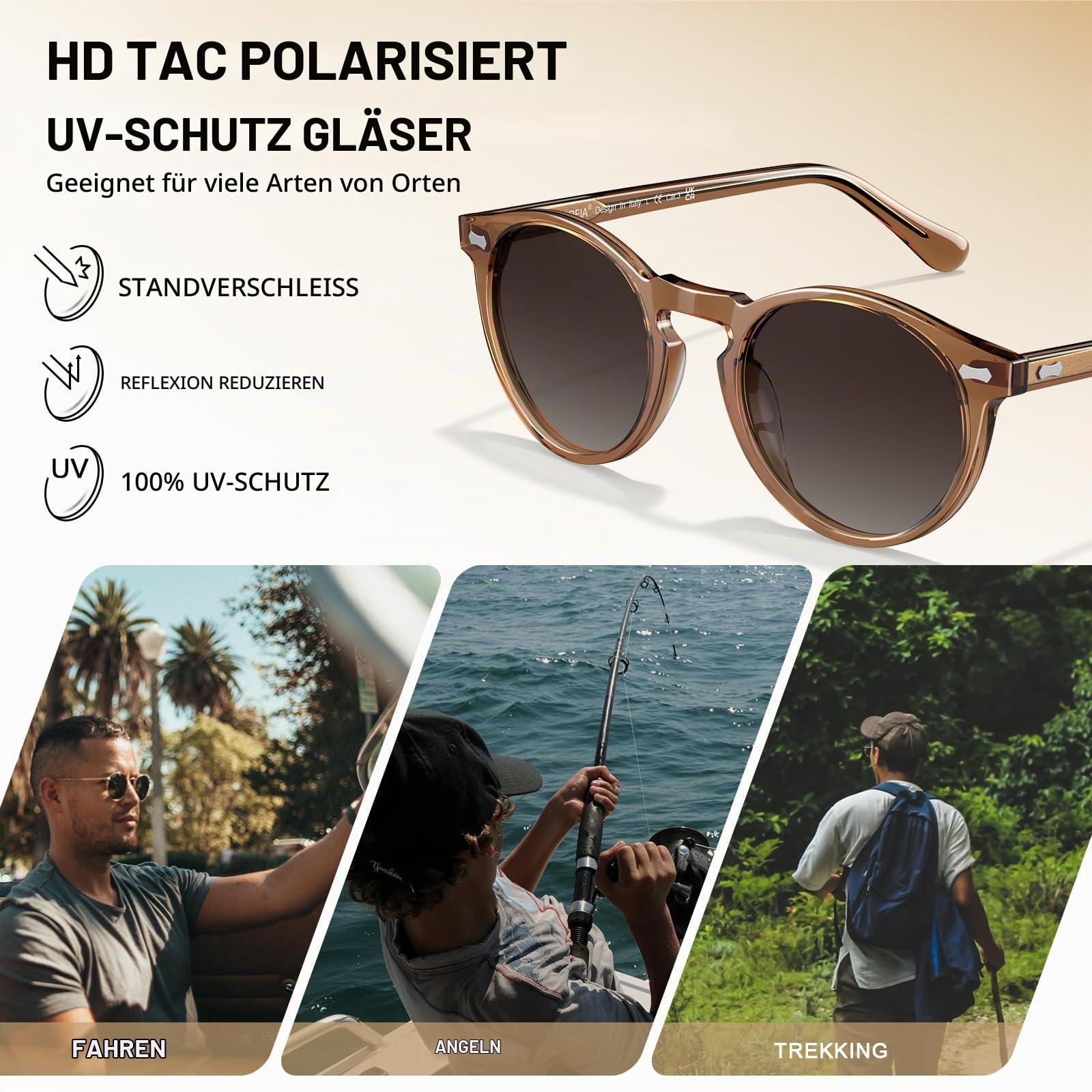 CARFIA Sonnenbrille Herren Polarisiert Retro Rund Acetat-Rahmen | UV400 Schutz Modebrille，Ideal Für Fahren & Angeln, Klassisches Design