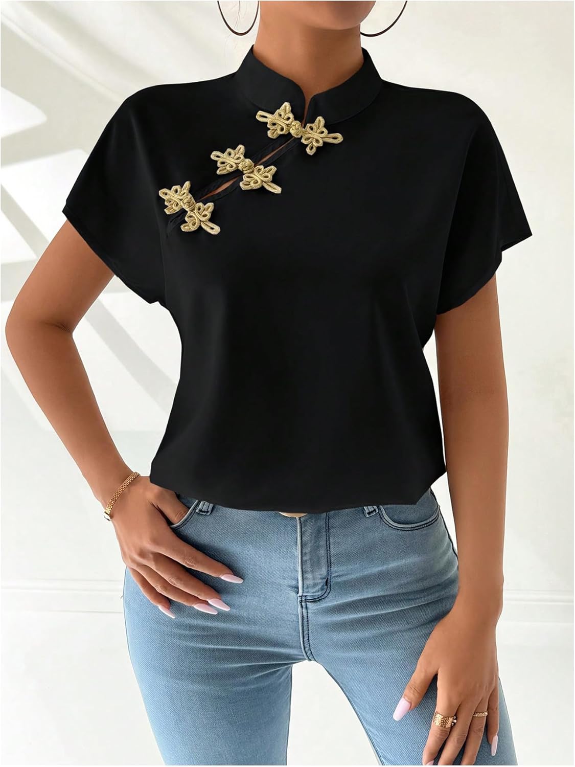 MakeMeChic Women's Summer Cheongsam Tops Mock Neck Buckle Short Sleeve Blouse Shirt - Image 5