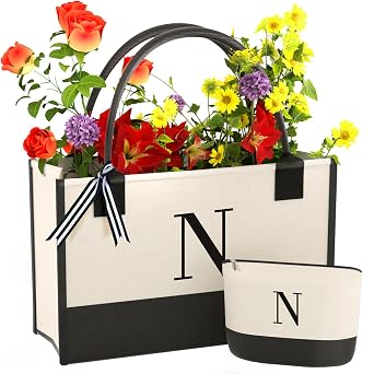 Monogrammed Canvas Tote Bag with Zipper Pockets - Ideal Gift for Mom, Teacher, Sister