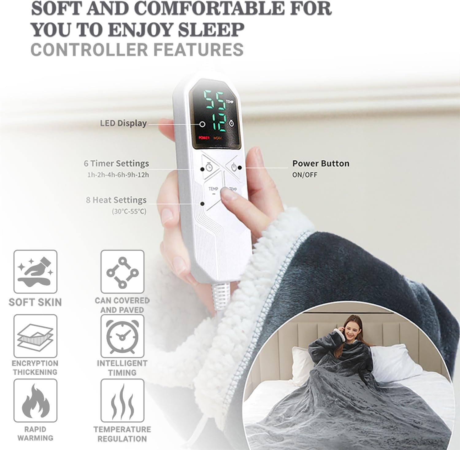 Wearable Heated Blanket with Foot Pocket, Electric Snuggle Throw Blankets Robe with Sleeves for Women Men Gift, 8 Heat Levels & 6 Timer Settings, 50"x 70",Grey - Image 7