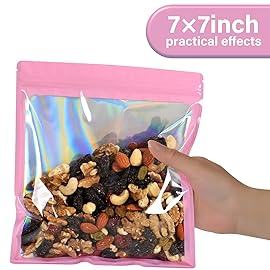 EONJOE 100-pack 77 inch mylar bags with clear window holographic resealable sealable packaging zip bag for small bussiness jewelry candy sample food packing supplies Pink