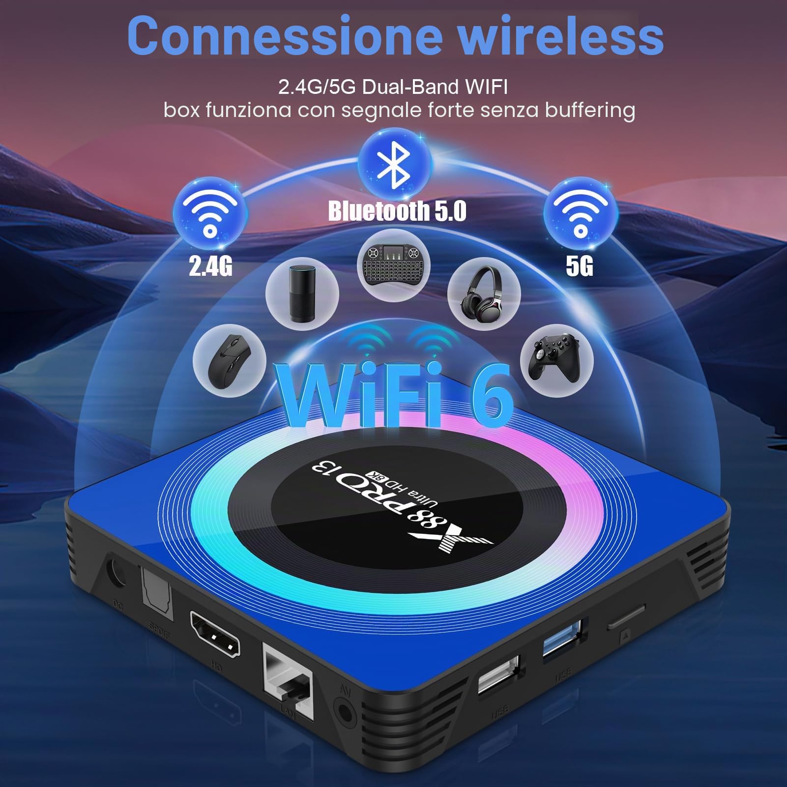 Android TV Box 13.0, X88PRO Android Box 2GB 16GB Quad Core 64bit, supporto BT5.0 2.4G /5G Dual-Band WIFI6 4/6/8K Android TV Box 2024