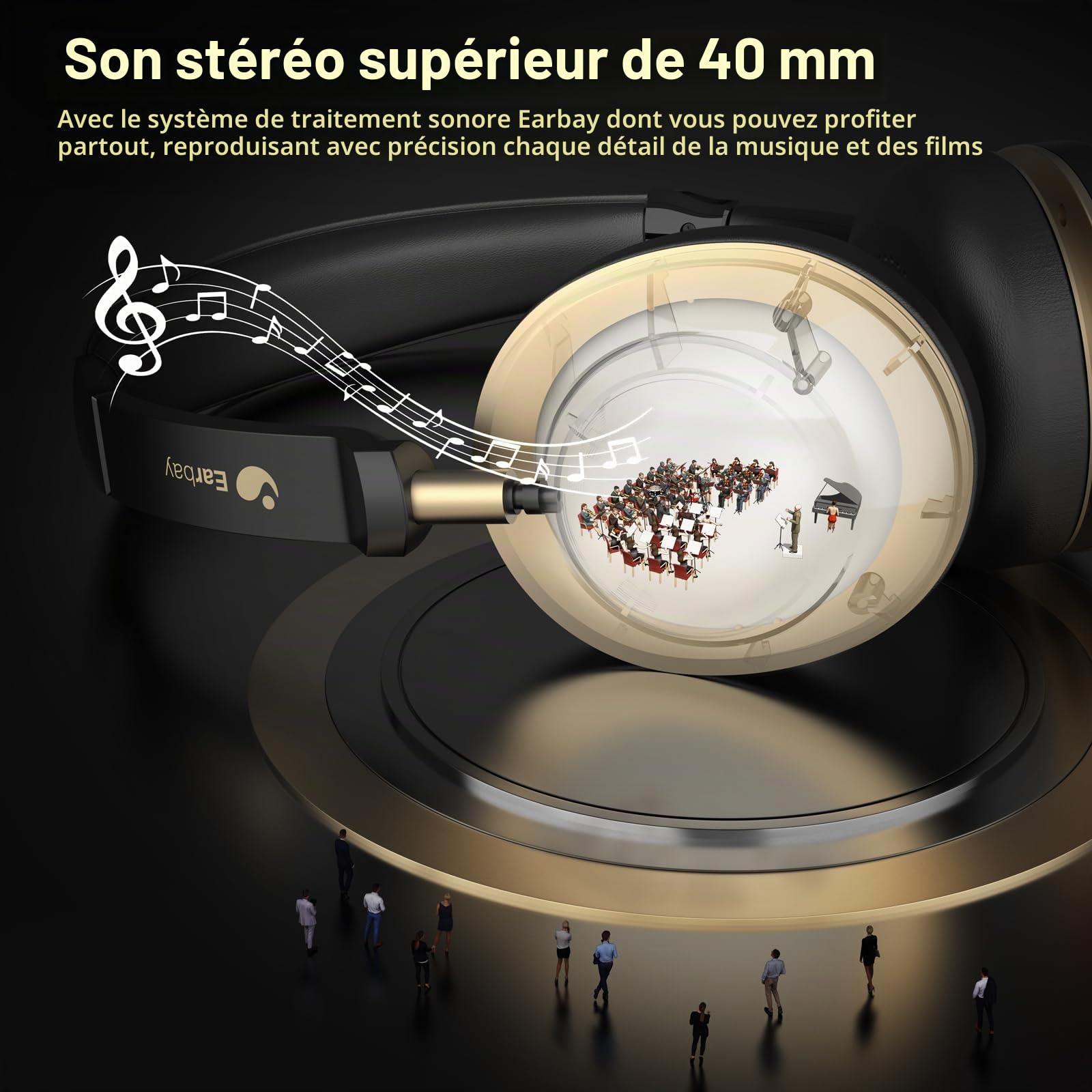 Casque Bluetooth sans fil avec microphone, casque supra-auriculaire avec micro antibruit/mute/station de charge/dongle USB, 45 heures, téléphones portables, équipes Skype Zoom