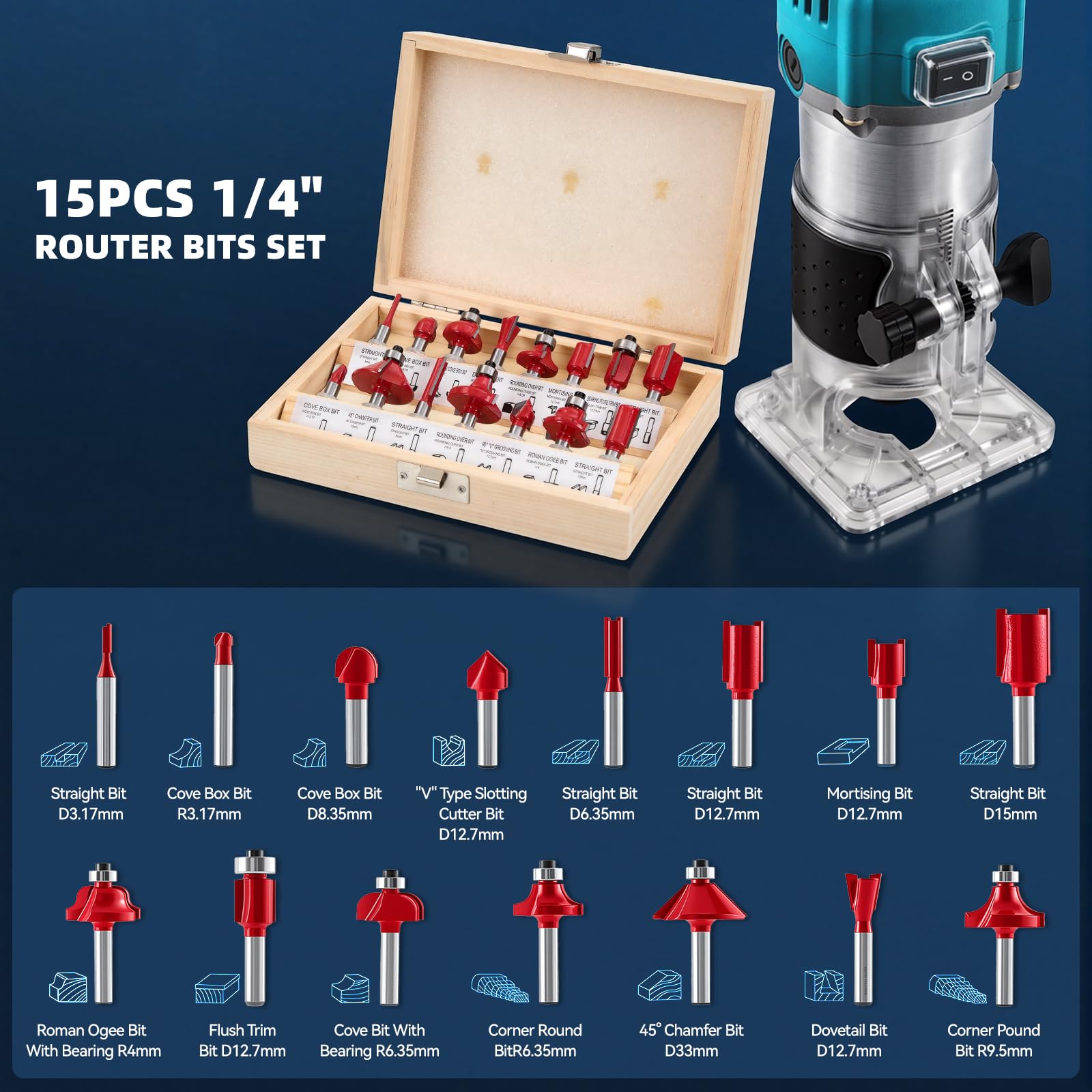 Outil de défonceuse électrique 800 W, 6 vitesses variables max 33000R/min, défonceuse à bois avec base transparente, défonceuse à bois manuelle avec 15 forets pour travaux manuels et bricolage, bleu