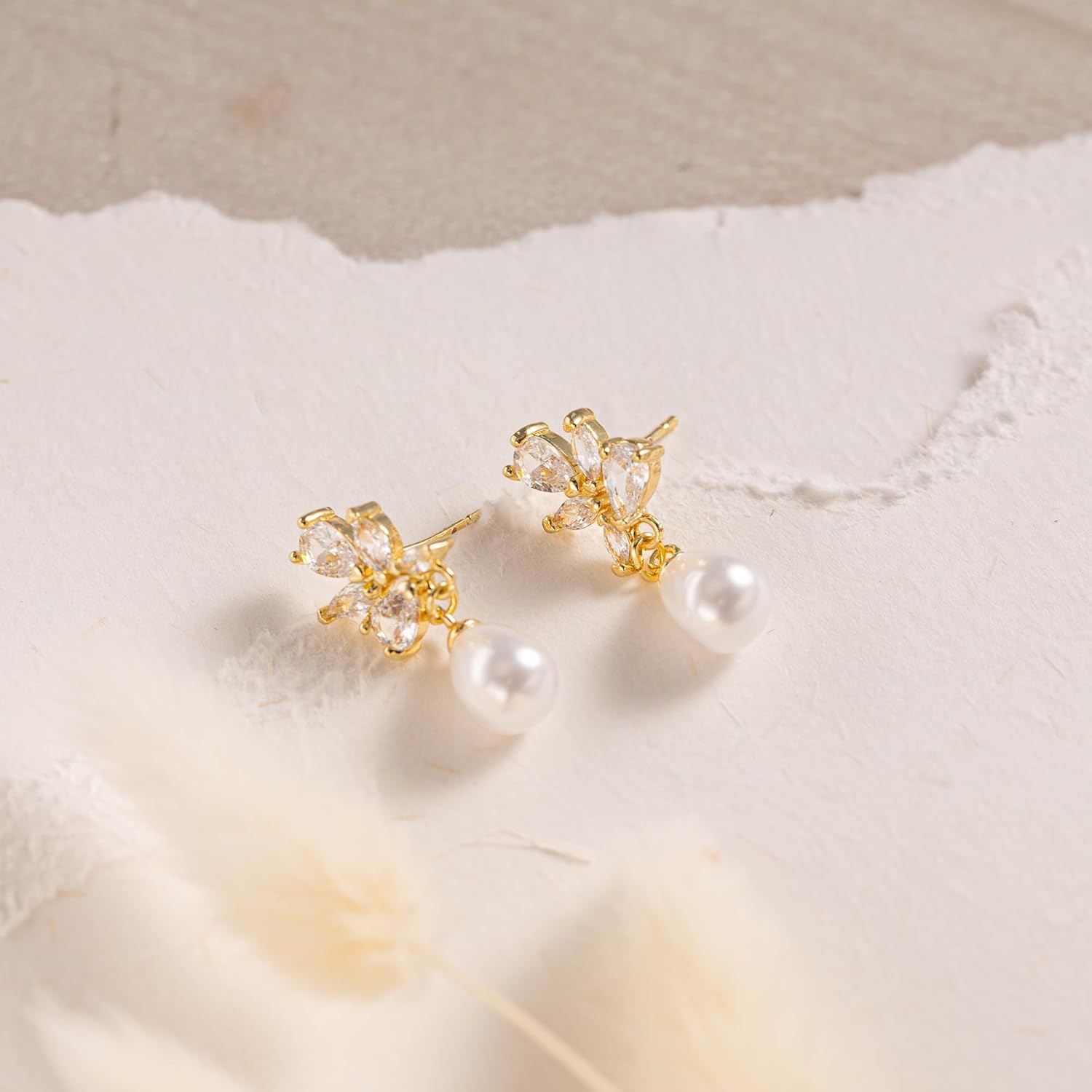 HANLI Pearl Dangle Earrings for Women - 14K Gold Plated Dainty Cubic Zirconia Pearl Drop Wedding Stud Earrings for Brides Bridal Jewelry - Image 7