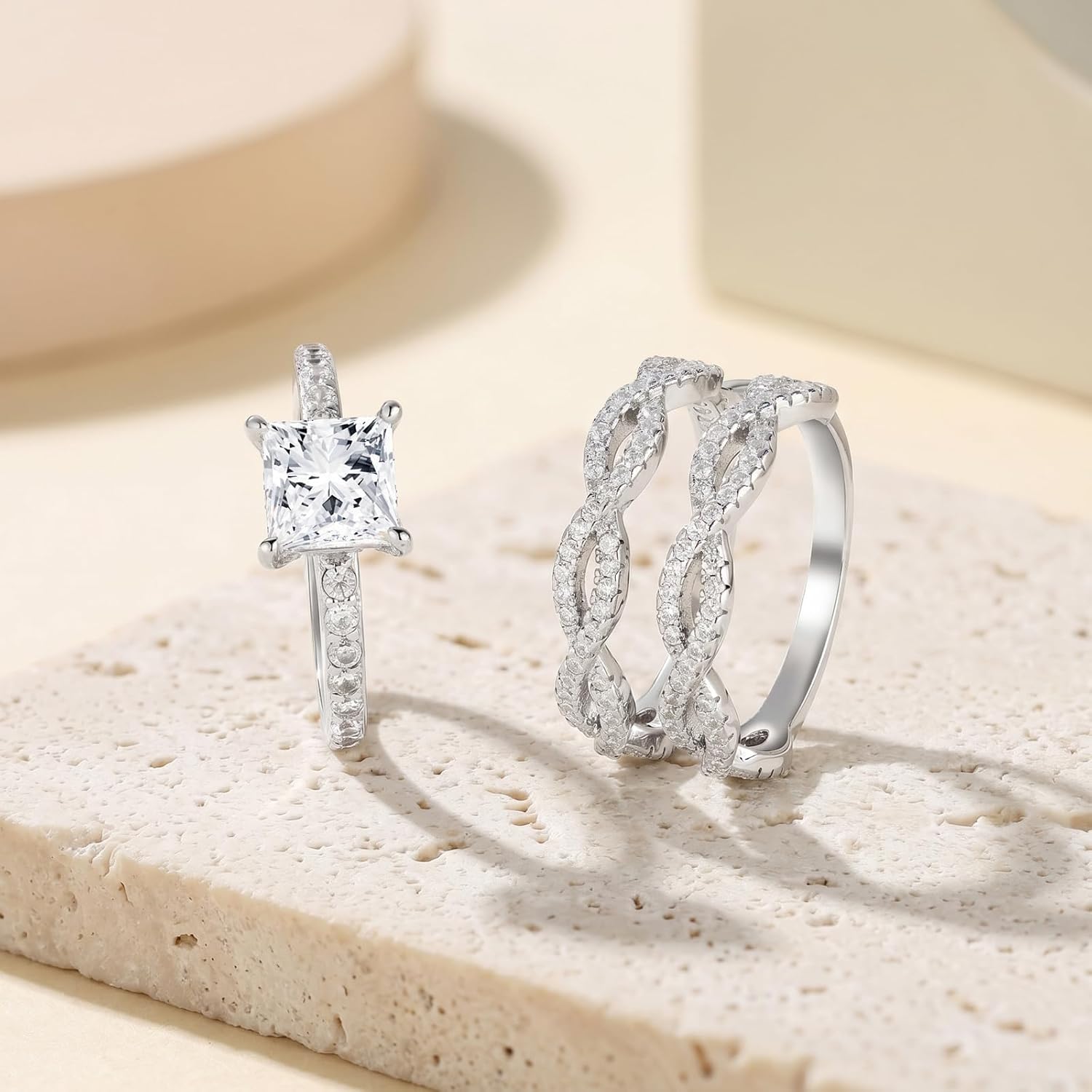 Wedding Engagement Sets for Women Silver 18K White 5A Cz Princess Cut Bridal Ring Sets Ring Enhancer for Her Size 5-10