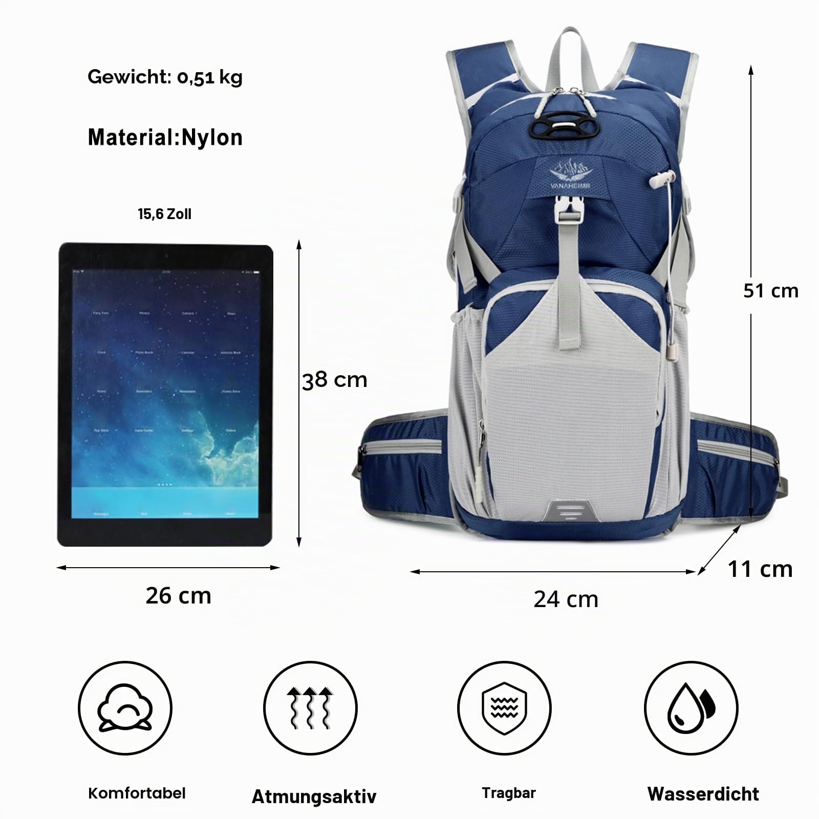 Wanderrucksack Wasserdichter Rucksack 18L Leichter Reiserucksack Hiking Backpack für Damen Herren Trekking Radfahren Klettern Reisen Sport Blau B