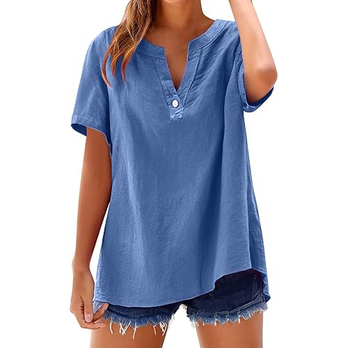 Summer Tops for Women 2025 Casual Cotton Linen Shirts Short Sleeve Solid Color Blouses Loose Work Tops with Pockets