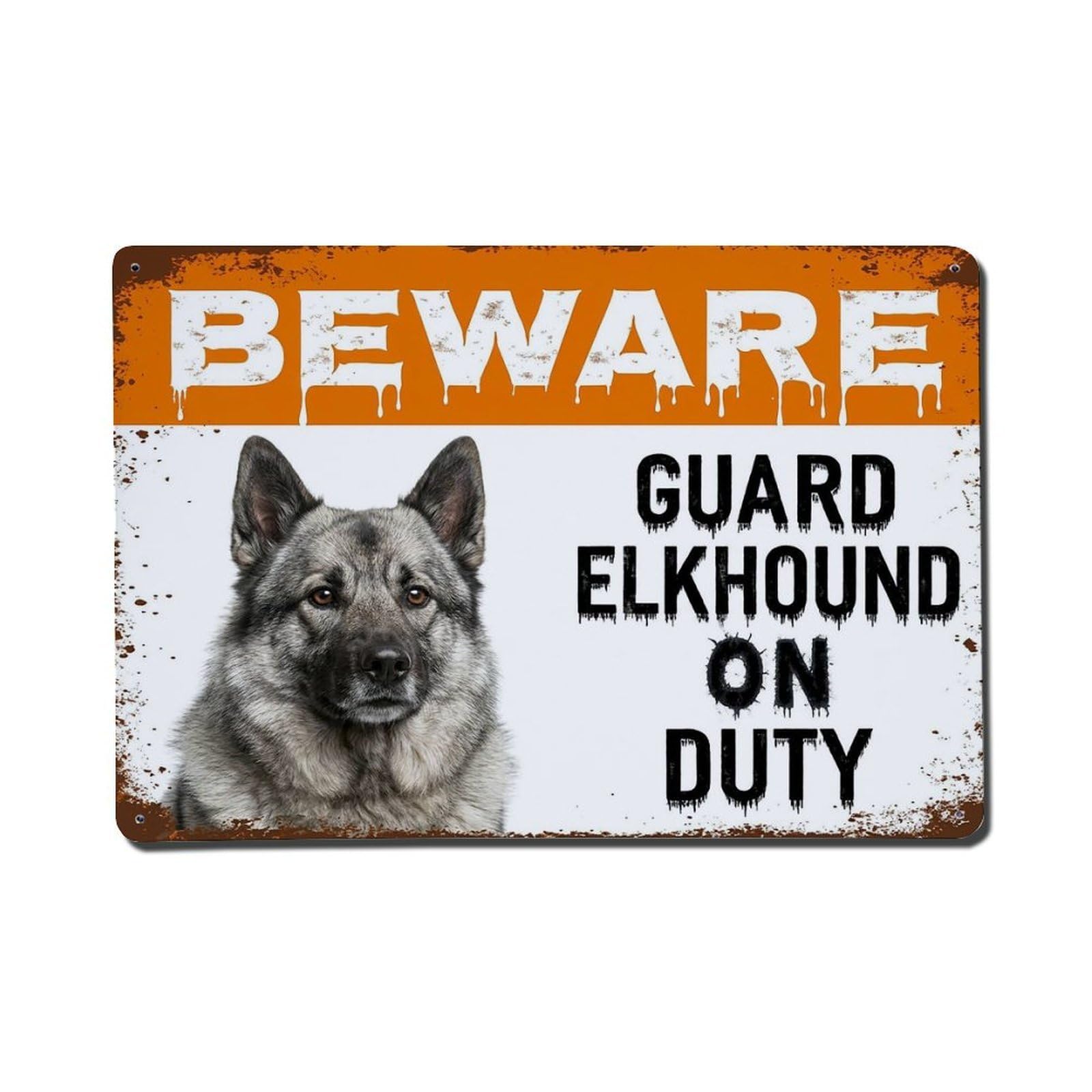 Vintage Funny Elkhound Guard Beware of Dog Stairway Metal Tin Sign Plaque Wall Decor for Cafe, Club Bar, Office, Garden Metal Poster 8x12Inch