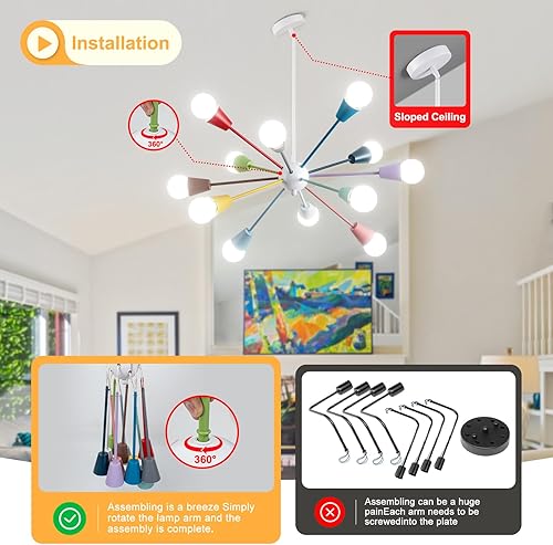 Miniatura 5 de Candelabro colorido, lámpara de techo Sputnik de 12 luces, lámpara Sputnik con montaje semiempotrado kis luz de techo ajustable en altura para sala