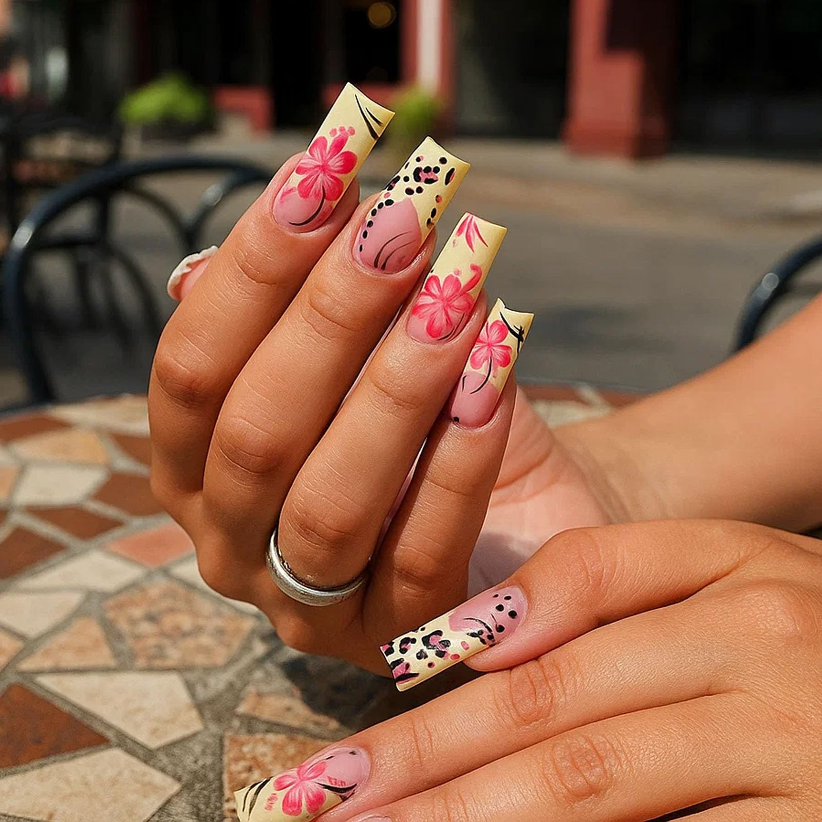 Japanese Floral Design Long Coffin Press On Nails With Pink Blossoms And Black Polka Dots - Image 3