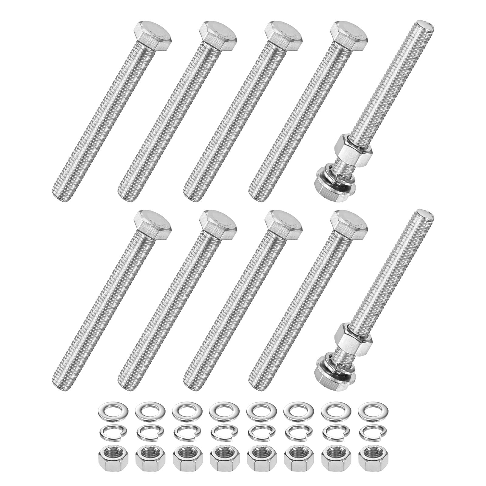 M METERXITY 10-Pack Hex Head Screw Bolt with Nuts Flat & Lock Washers M12x100mm Stainless Steel Bolts and Nuts Kit Fully Threaded Metric Bolt Assortment for Equipment/Machinery — image 1