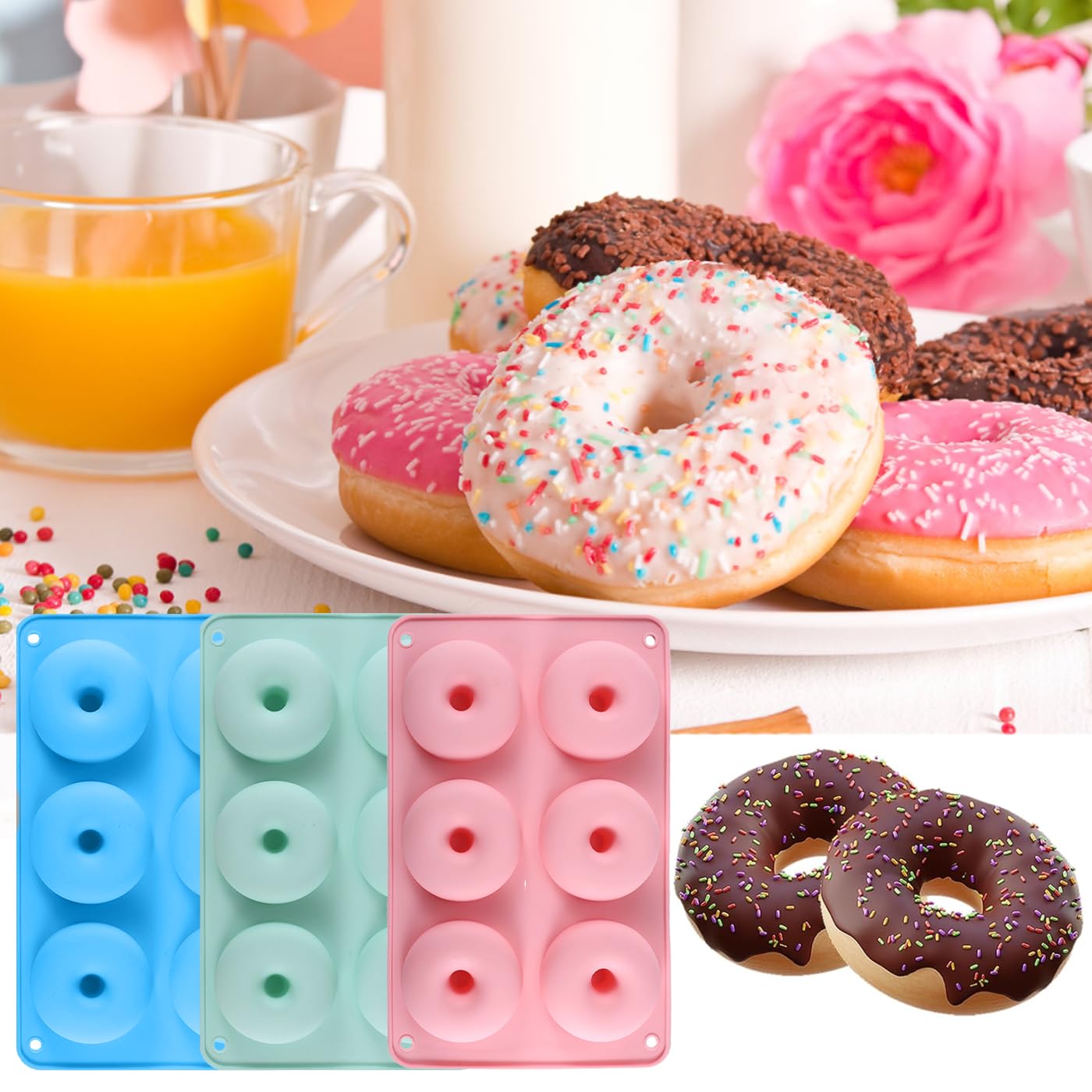 Stampo Silicone Per Ciambelle - 3 Stampi Antiaderenti Da 6 Cavità, Colorati - Foto 6