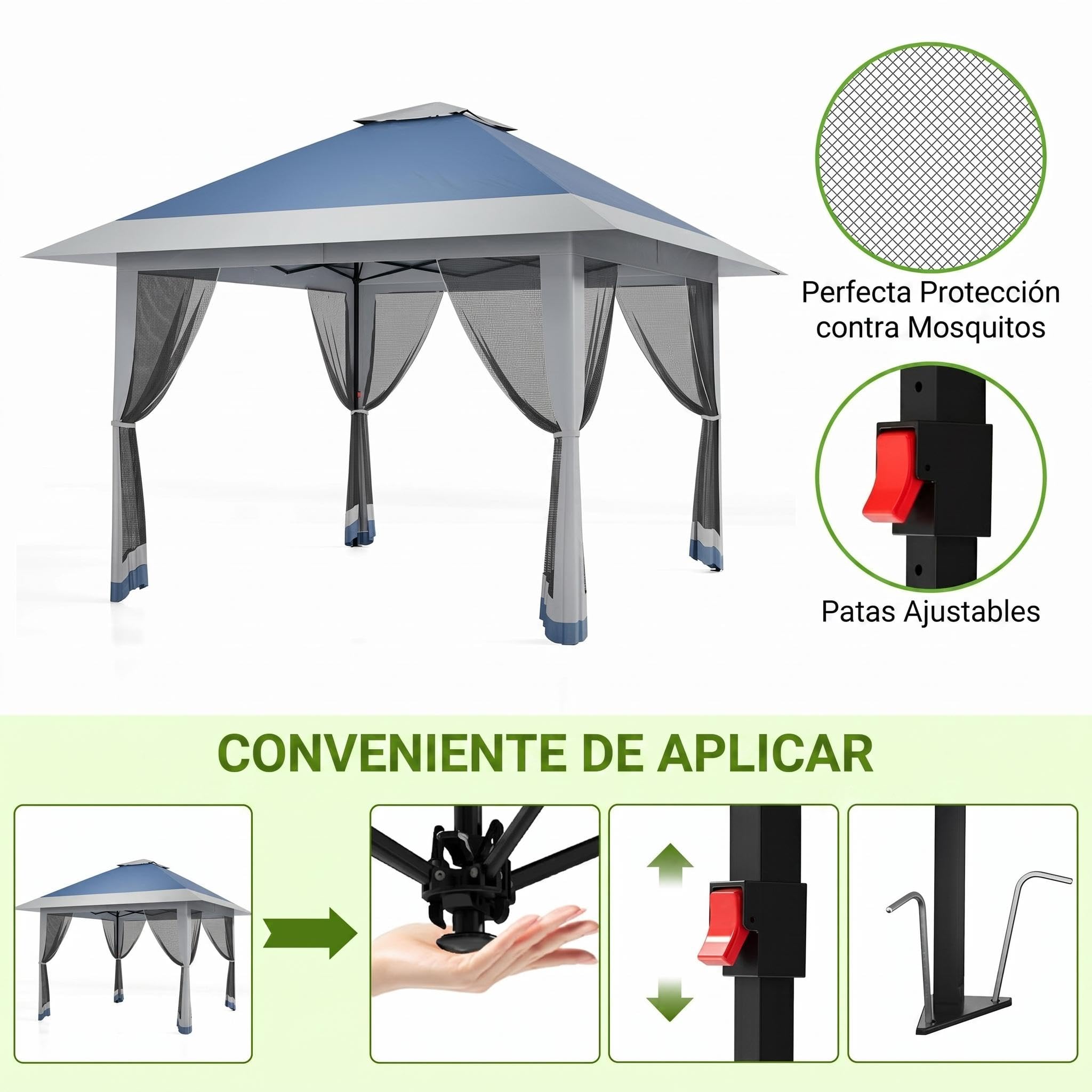 GarveeLife Carpa Plegable Pop-up 3x3 m Cenador con Techo Doble Cobertura Sol Extraancha, Mosquitera, Altura Ajustable 3 Niveles, Impermeable y Antiviento, Pergolas de Jardin para Fiesta y Camping-Azul