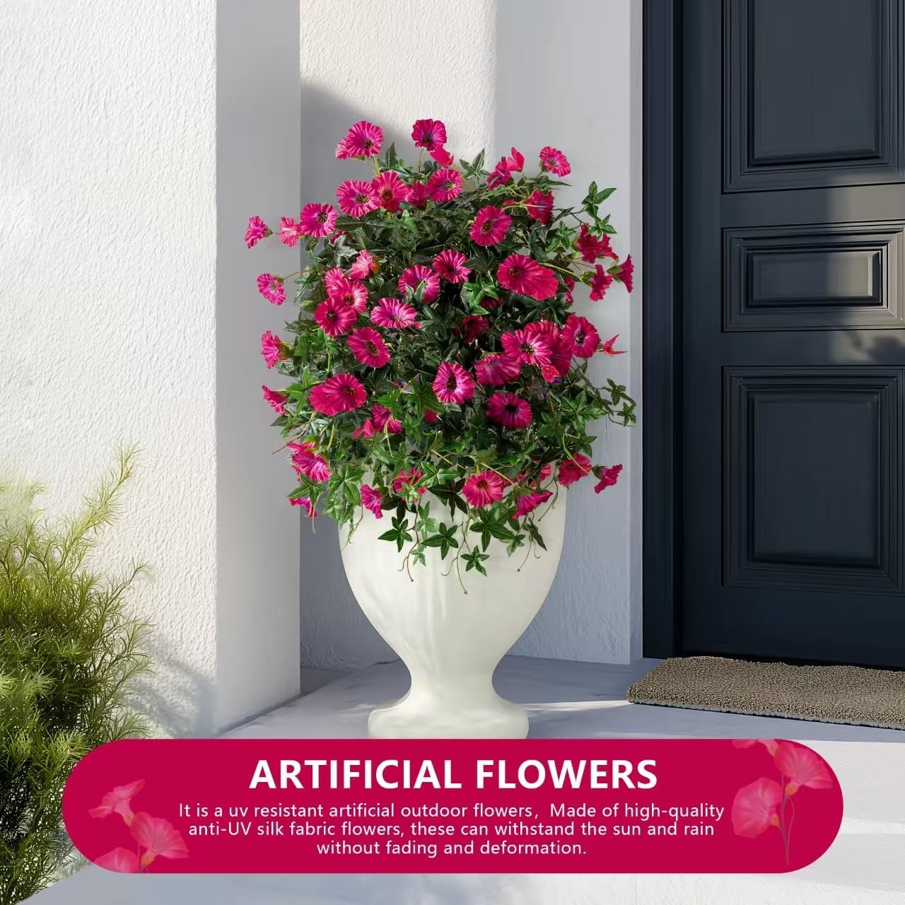 Artificial Flowers Artificial Petunias for Outdoors 2PCS Artificial Hanging Plants Outdoors Silk Flowers with Stems Outdoor Flowers Uv Resistant for Porch Terrace Decor,Rose Red,Without Pot - Image 8