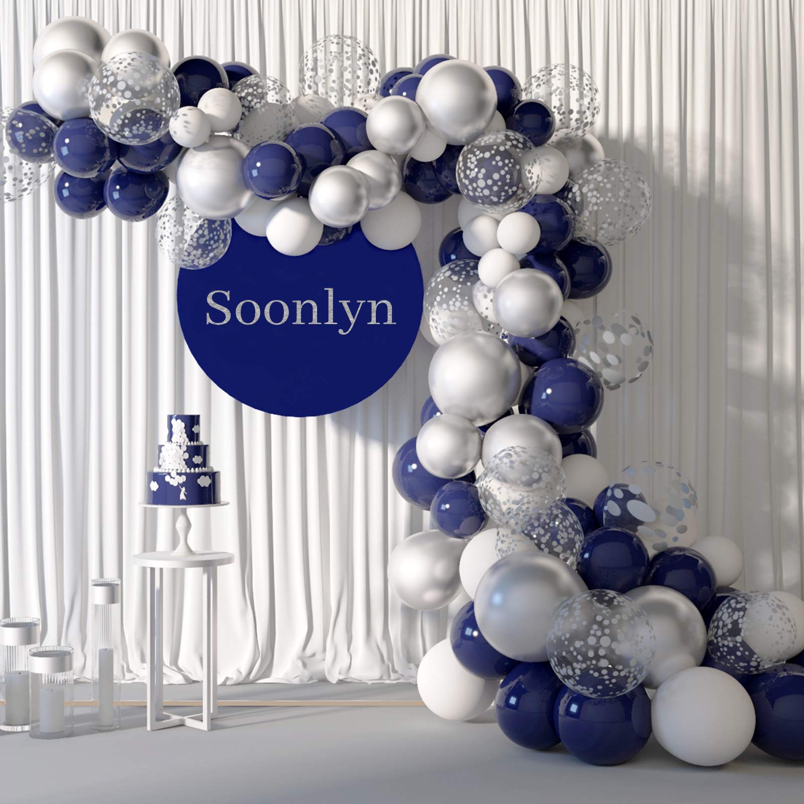 Soonlyn Blue Balloon Garland Arch Kit 120 Pcs 12 In Navy and Silver Metallic Balloon Silver Confetti White Balloons for Birthday Party Baby Shower Graduation
