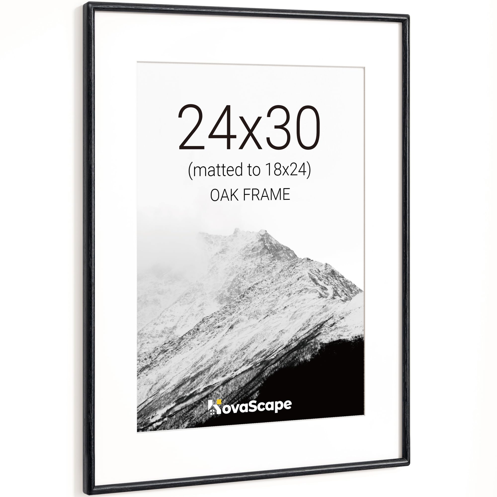 KovaScape 24x30 Picture Frame, Solid Oak Wood Photo Frame with Tempered Real Glass, Includes White Mount for 18x24 Photo, Rounded Corner Design, For Wall Hanging