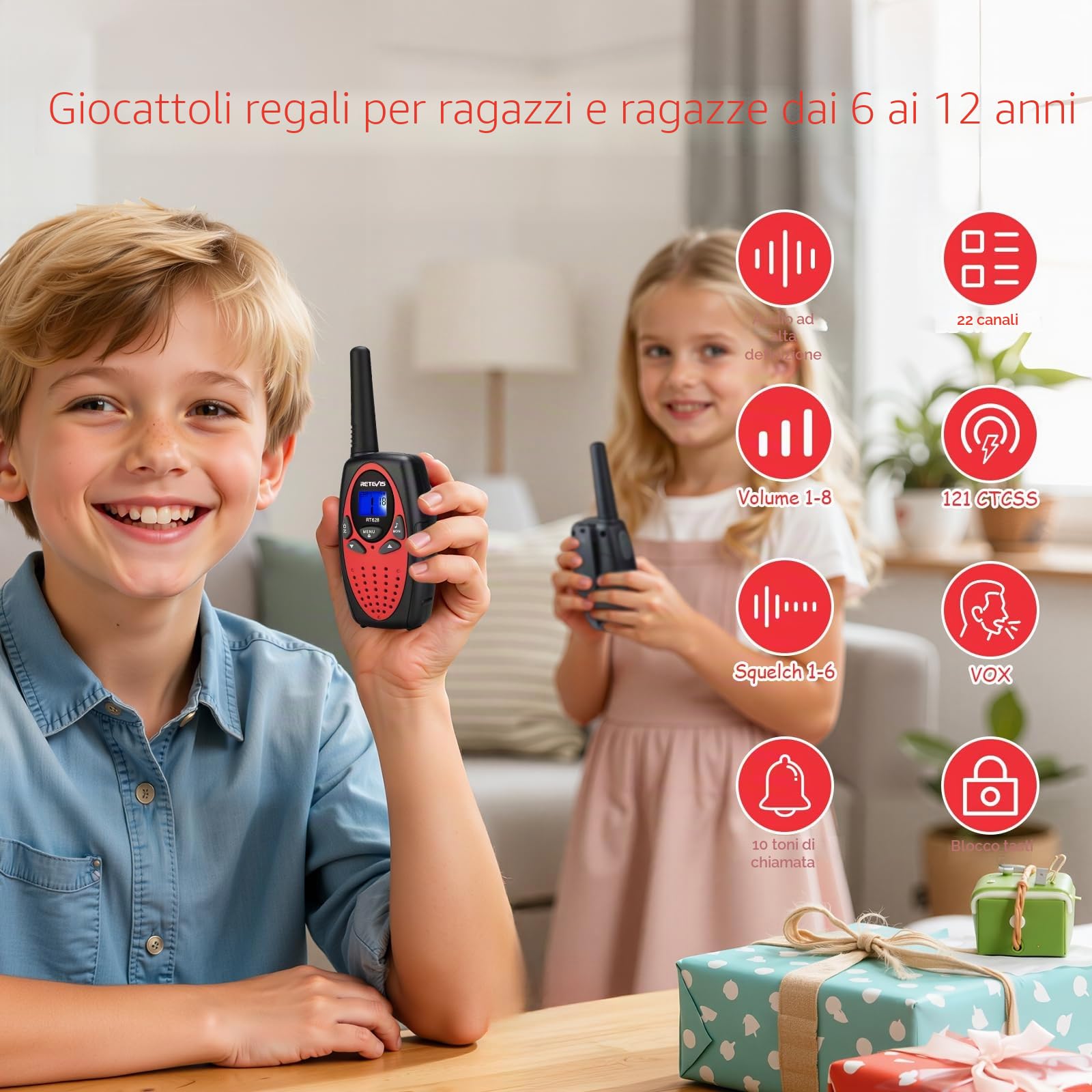 Retevis RT628 Walkie Talkie Bambini, Regalo Giocattolo con VOX a Lungo Raggio per Compleanno e Vacanze, Facile da Usare, Walkie-Talkie per Campeggio Escursionismo e Avventura (1 Coppia, Rosso)