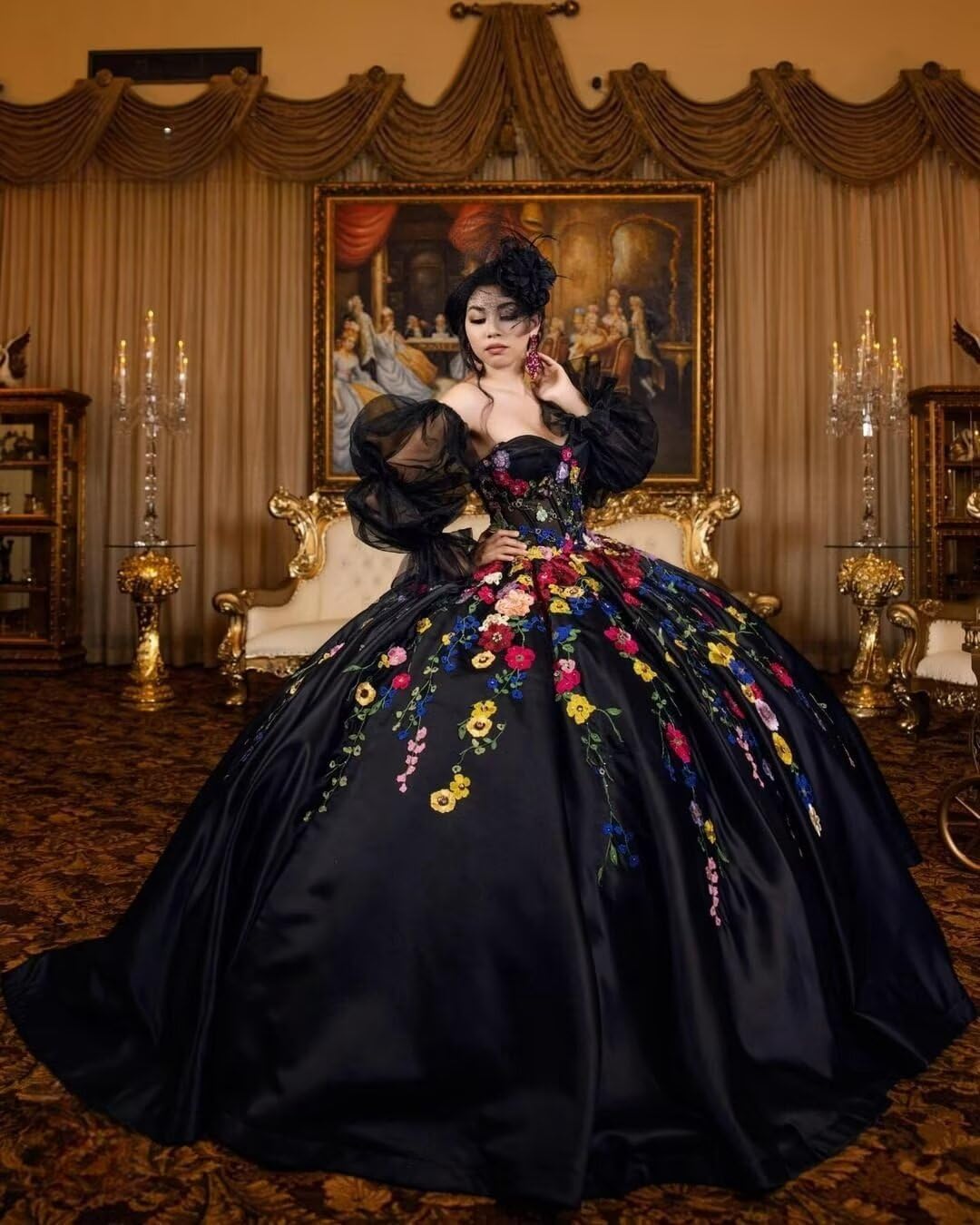 Mouccy Princess 3D Flower Quinceanera Dresses Ball Gown Satin Long Sleeve XV Dresses Beaded Puffy Sweet 16 Dress with Train