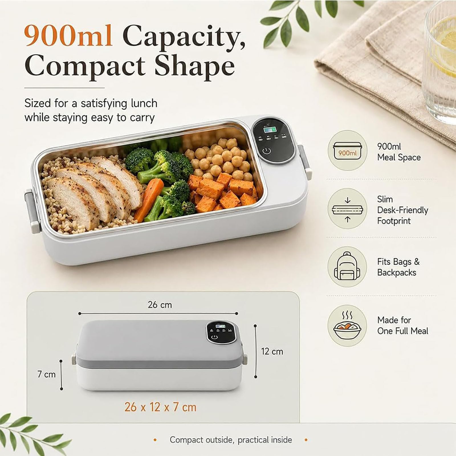 Fiambrera eléctrica portátil con autocalentamiento, calentador de alimentos inalámbrico recargable de 900 ml con pantalla de temperatura, a prueba de fugas para trabajo, viajes, camping (Gray)