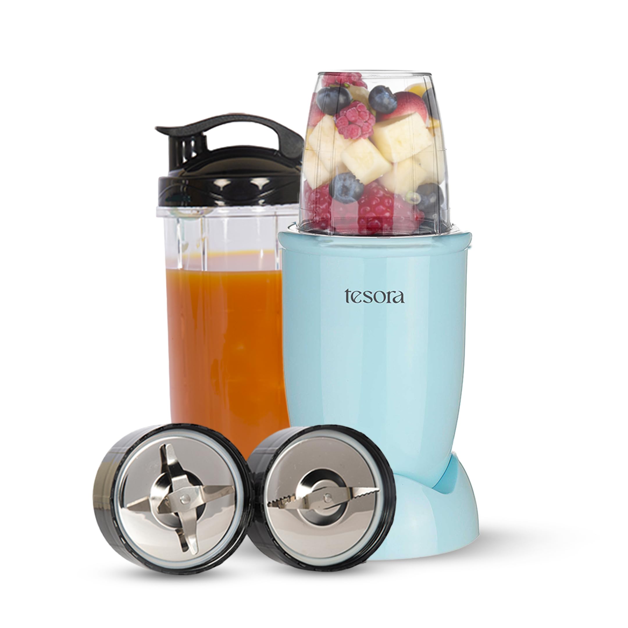 Tesora Nutri-Flash Mixer, Grinder & Blender | 400W | Comes with 2 Jars & a to-Go Lid | Stainless Steel Serrated & Cross Blade with Detachable Base | Finish Blue