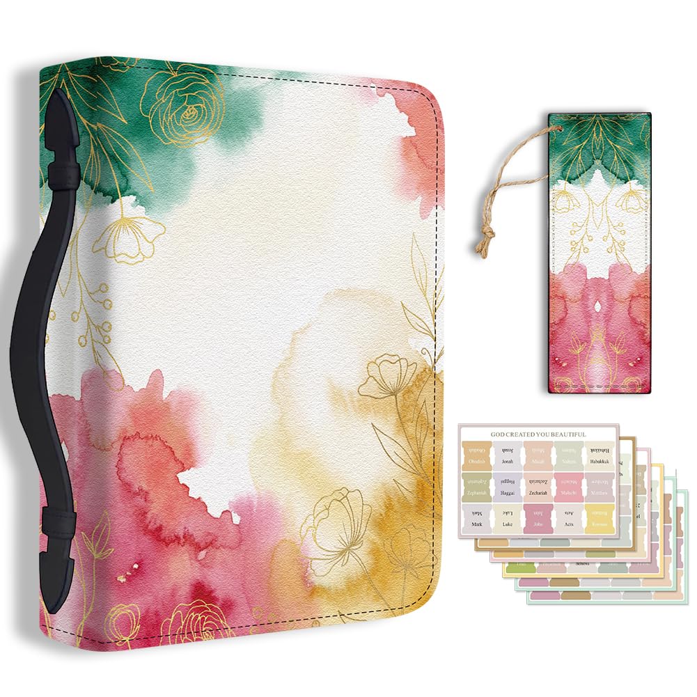 TNKBREEZE Women's Bible Cover Multicolor Watercolor PU Leather Book Carrying Bag Inspirational Bible Verse Book Case with Bookmark Handle Zipper Christian Gifts Church Study Supply 11.2x8x2.3inch