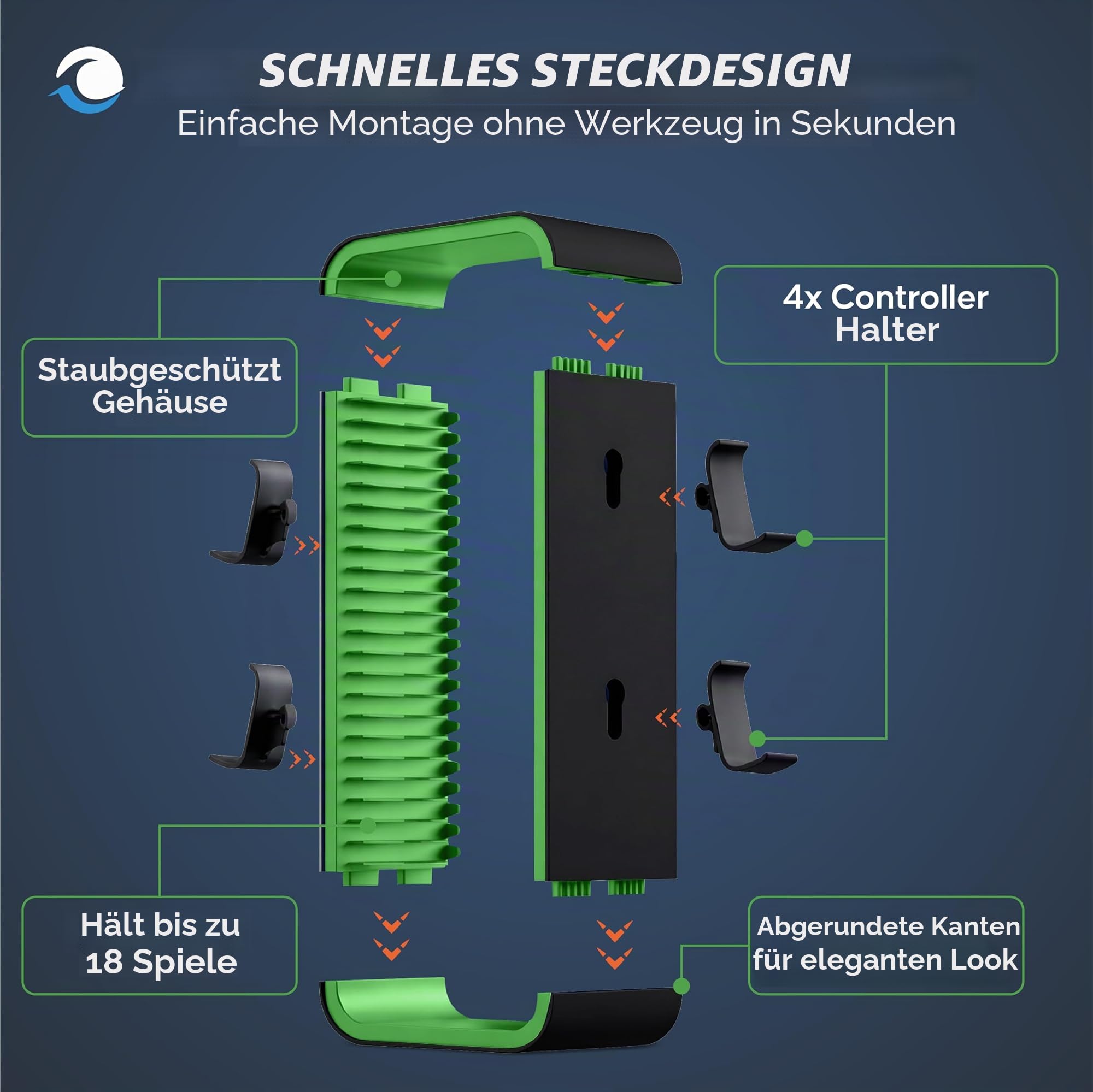 Universal Games Storage Tower Pro - Bis zu 18 Spiele - Mit Controller Halterung für bis zu 4 Gamepads - Gaming Zubehör für PS5, PS4, PS3, Xbox X/S/One, Switch, Switch OLED, Blue Ray, DVD