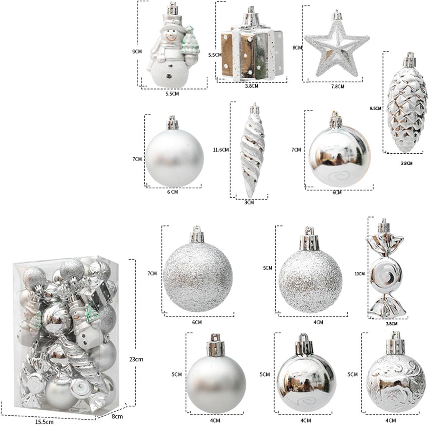 Ball Ornaments Decorative Baubles Christmas Tree Decorations Set for Birthday, 11.5x8x15 cm