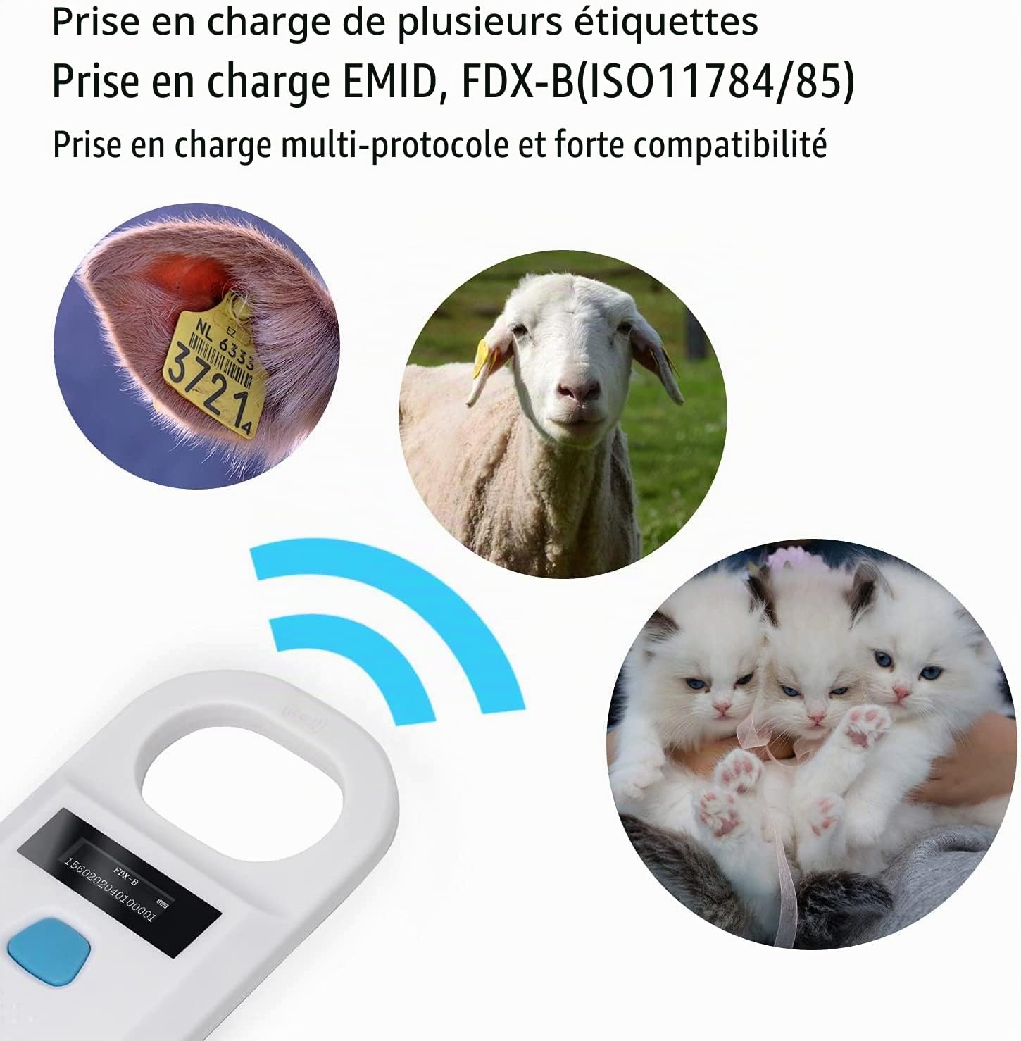 Yanzeo AR180 Lecteur puce animaux RFID EMID portable 134,2 kHz, scanner d'identification pour chien et chat avec batterie intégrée