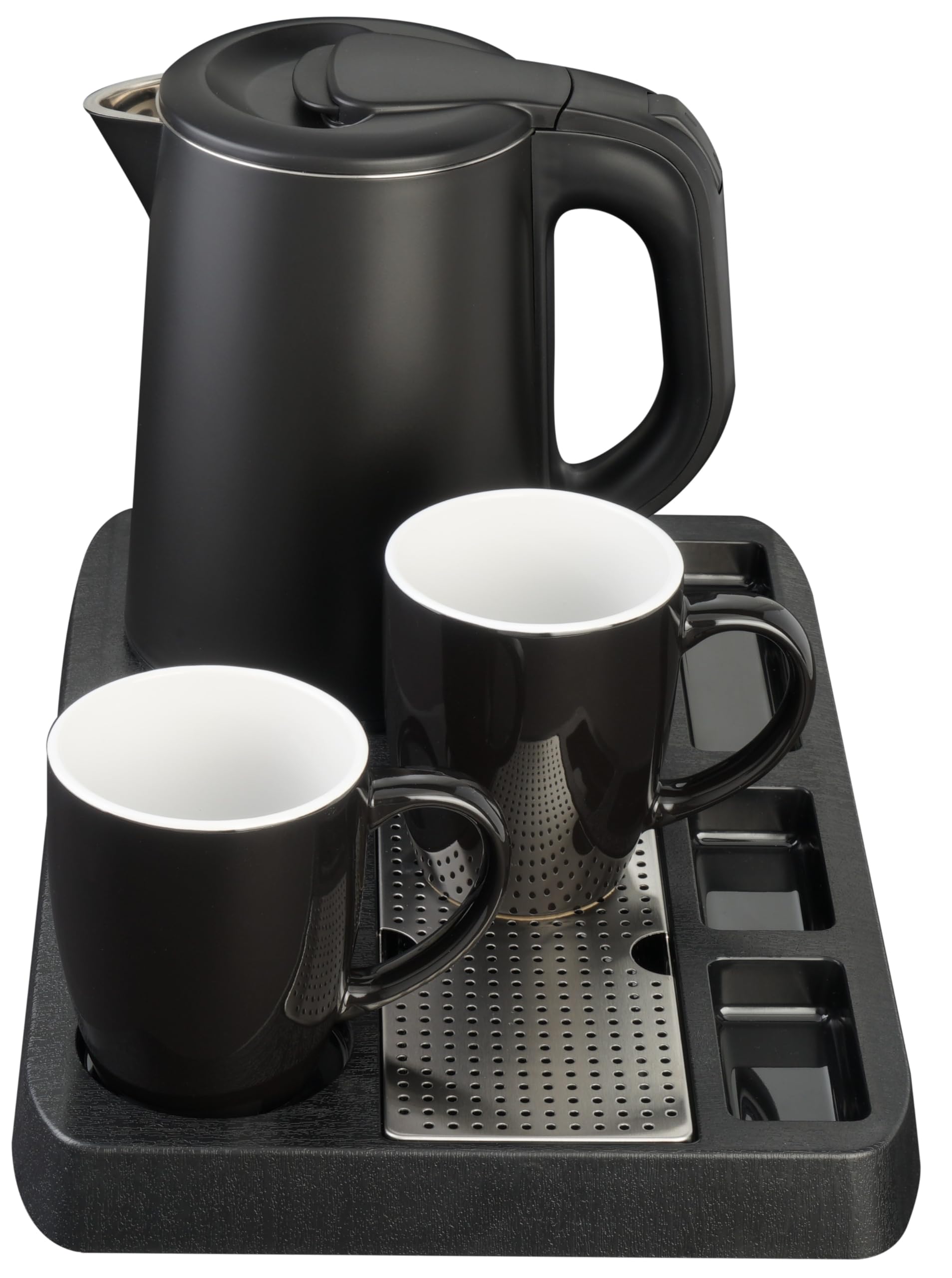 EVA® Set bollitore WK9102 - Nero – 0,8 litri - Acciaio inox a doppia parete – 2 tazze in ceramica – Softtouch – Set 4 pezzi - 1360W - per B&B, Hotel, Affittacamere