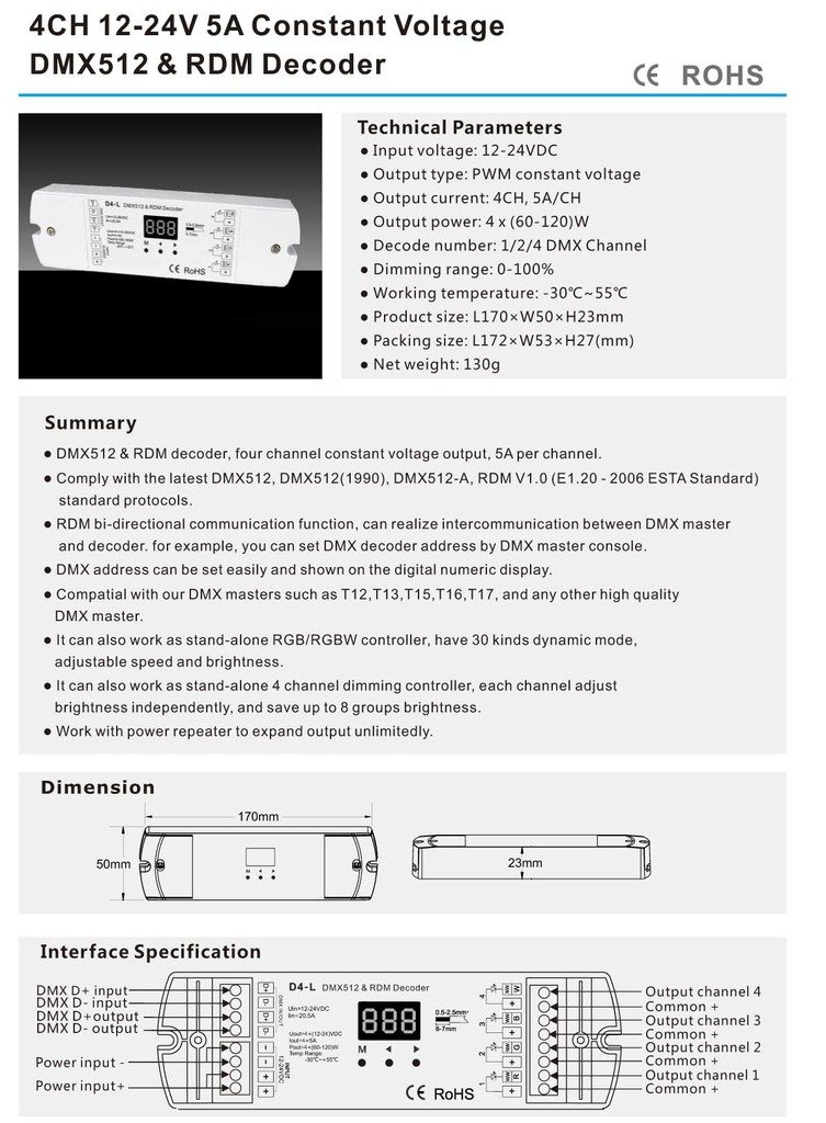 4CH 5A/CH Constant Voltage DMX512 & RDM Decoder RGBW Controller 4 Channel Dimming Controller 12-24V Output PWM