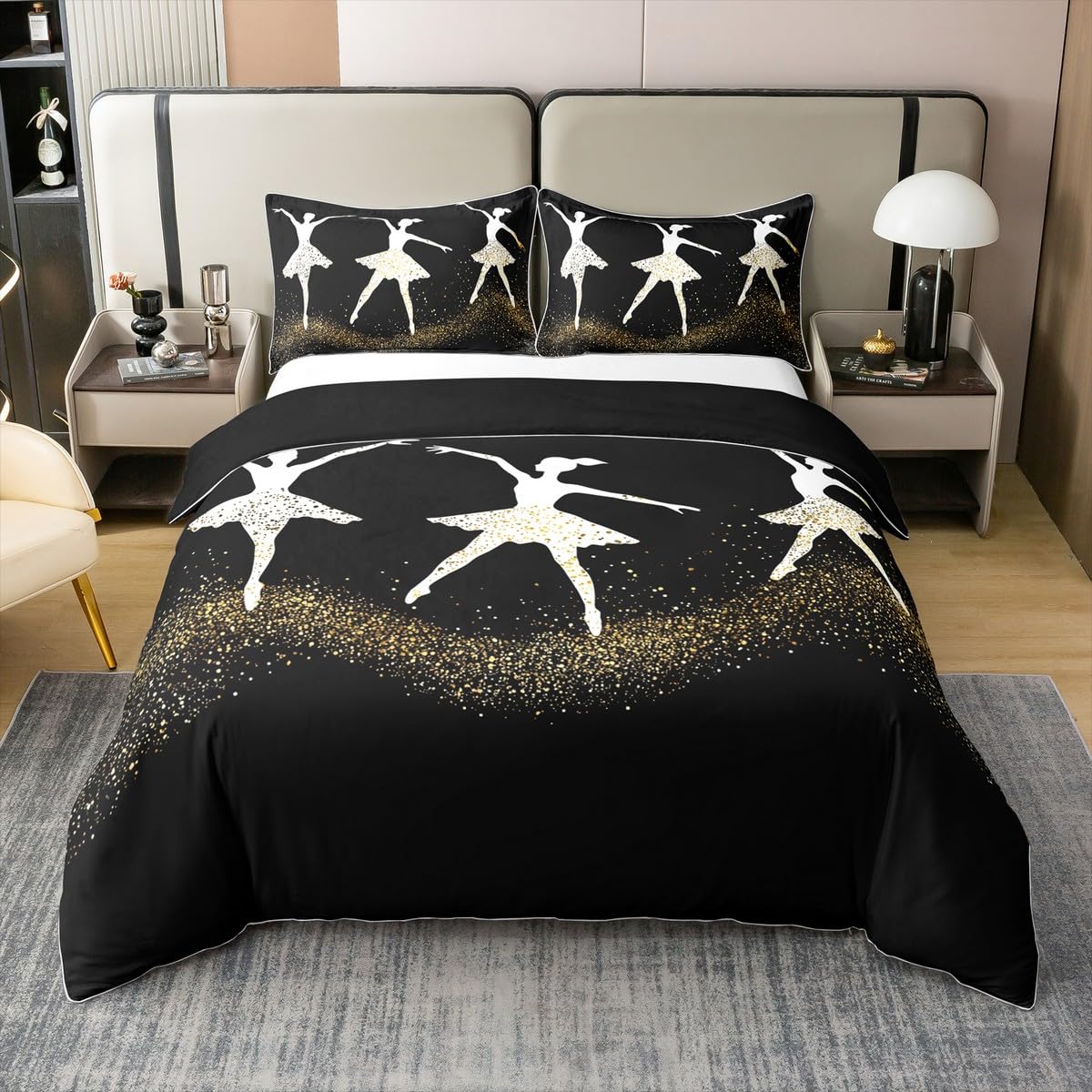 Homewish Ballerina 100% Cotton Duvet Cover Single, Dance Elegant Ballet Comforter Cover For Kids Boys Girls, Dreamy Golden Glitter Print Soft Bedding Set For Bed, Black White Chic Quilt Cover